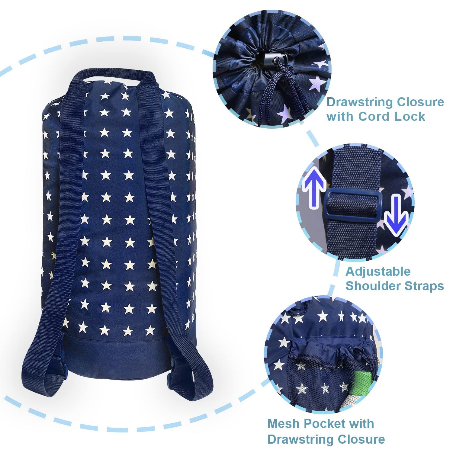 Dalykate Backpack Laundry Bag w/Shoulder Straps & Mesh Pocket - Durable Nylon