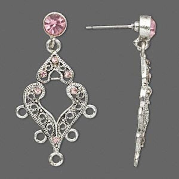 1 Pair Antiqued Silver Pewter Earrings Made with Swarovski Lt Rose Crystals *