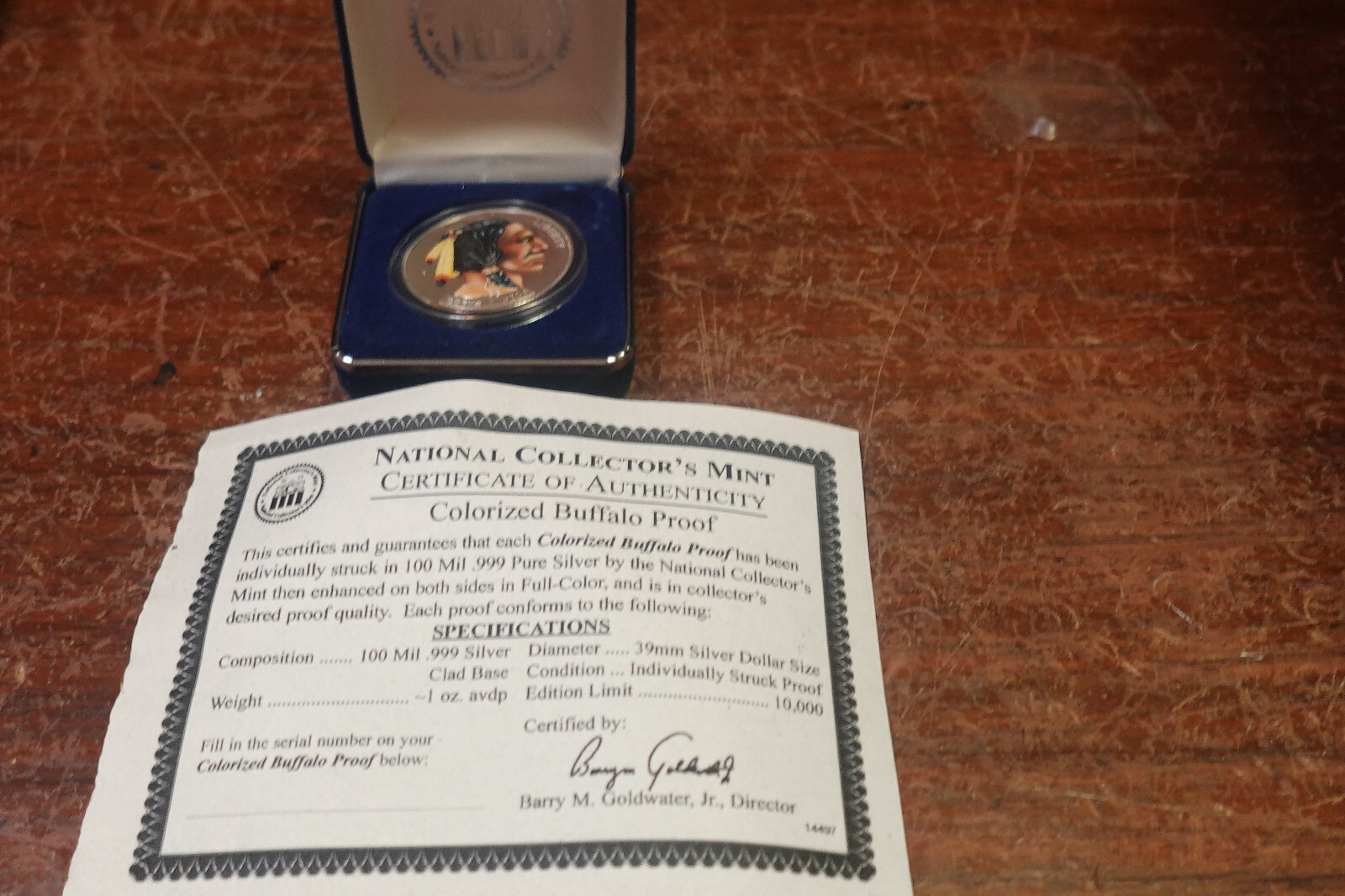 NATIONAL COLLECTORS MINT SILVER PLATED 2001 COLORED BUFFALO COIN 100MIL W COA