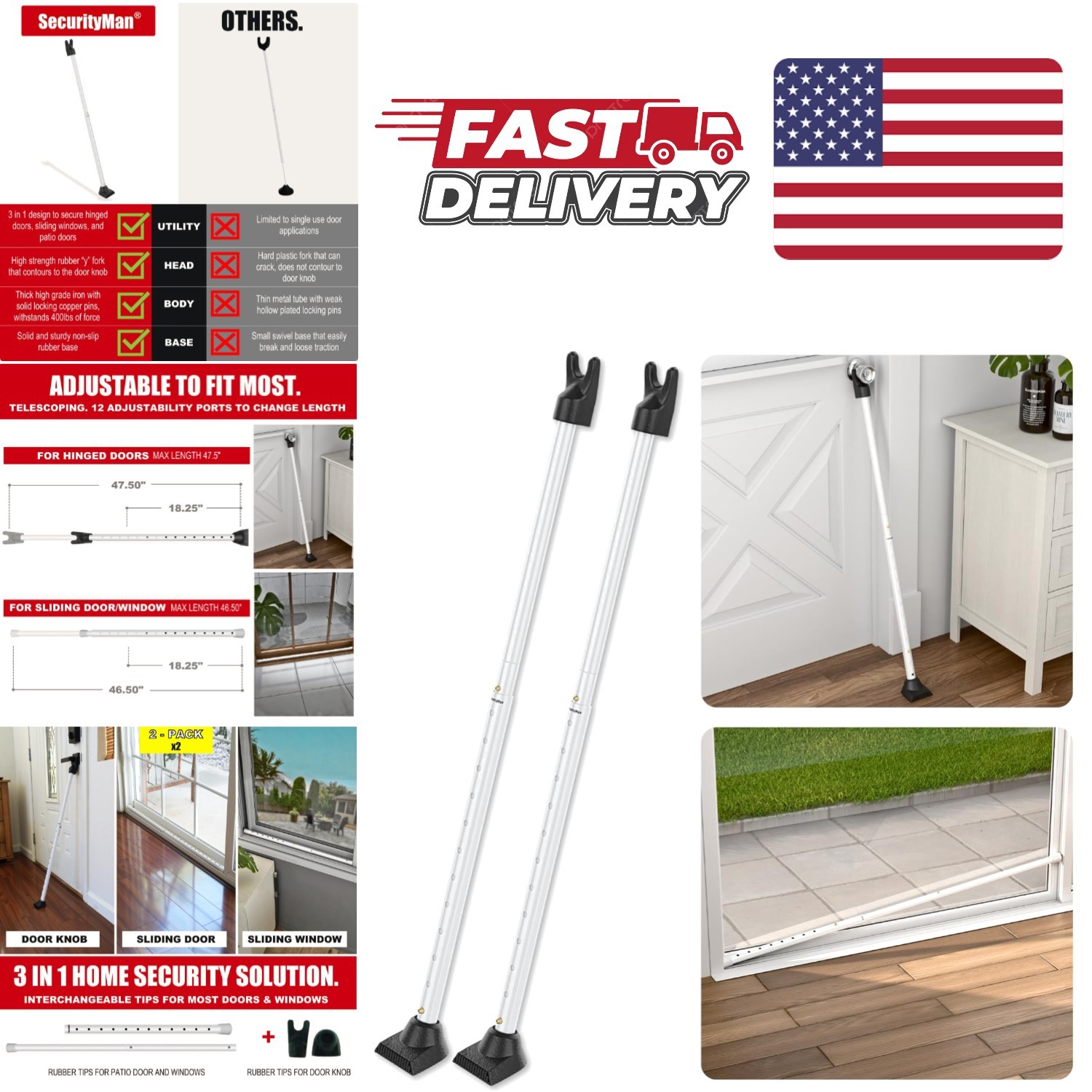 Easy To Use Door Security Bar 2 Pack with Rubber Finish for Floor Protection
