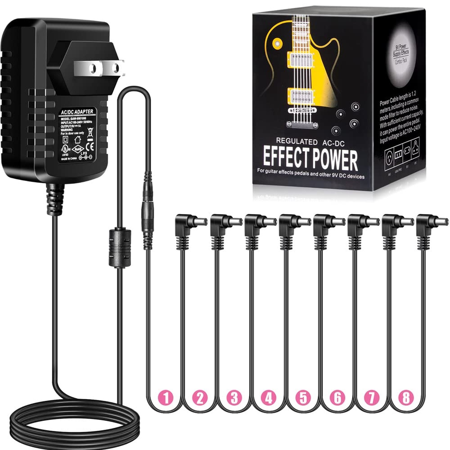 Guitar Pedal Power Supply Adapter 9V DC 1A Tip Negative 8 Way Daisy Chain Cab...