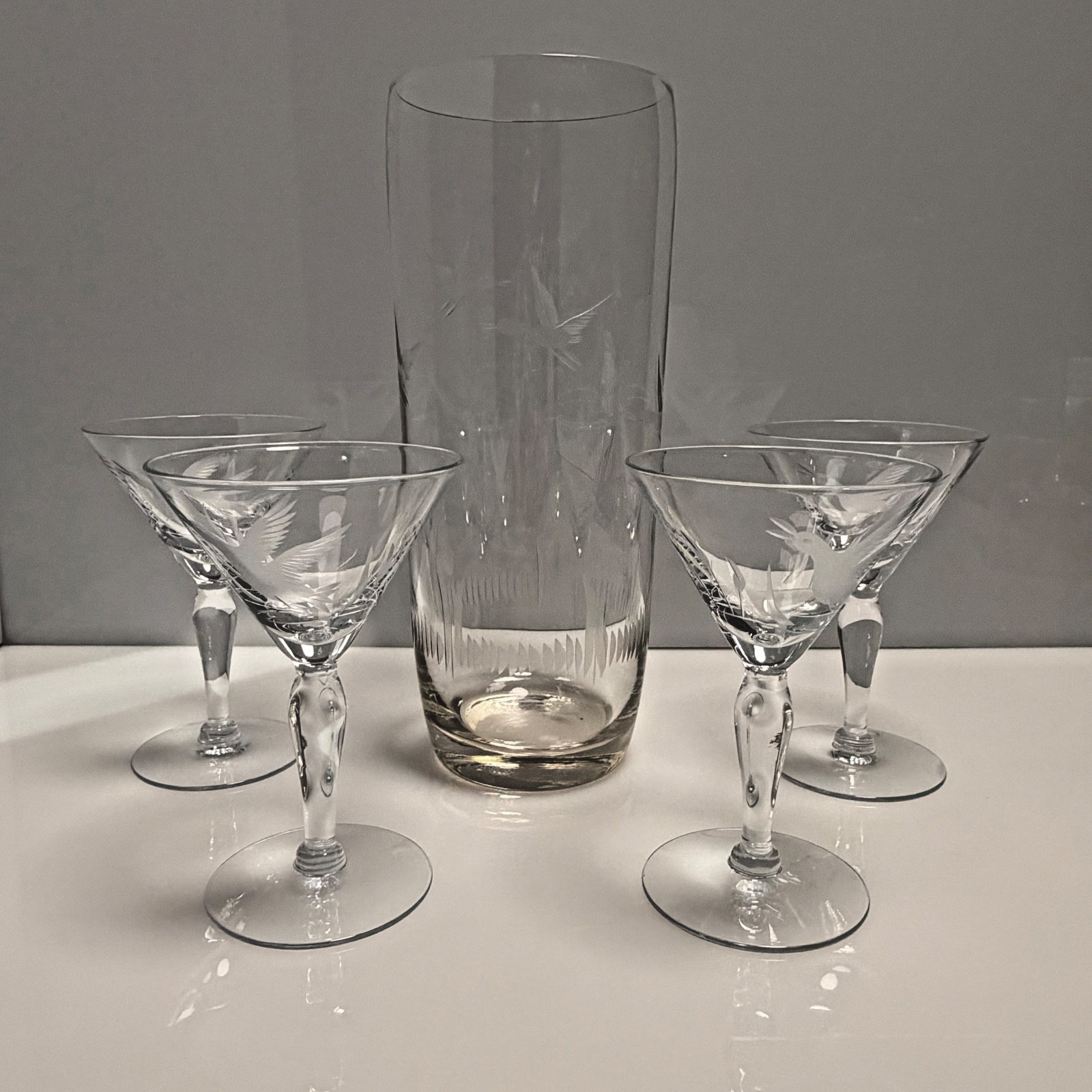 Vintage Five Piece Etched Glass Martini Set with Elegant MCM Flying Geese Design