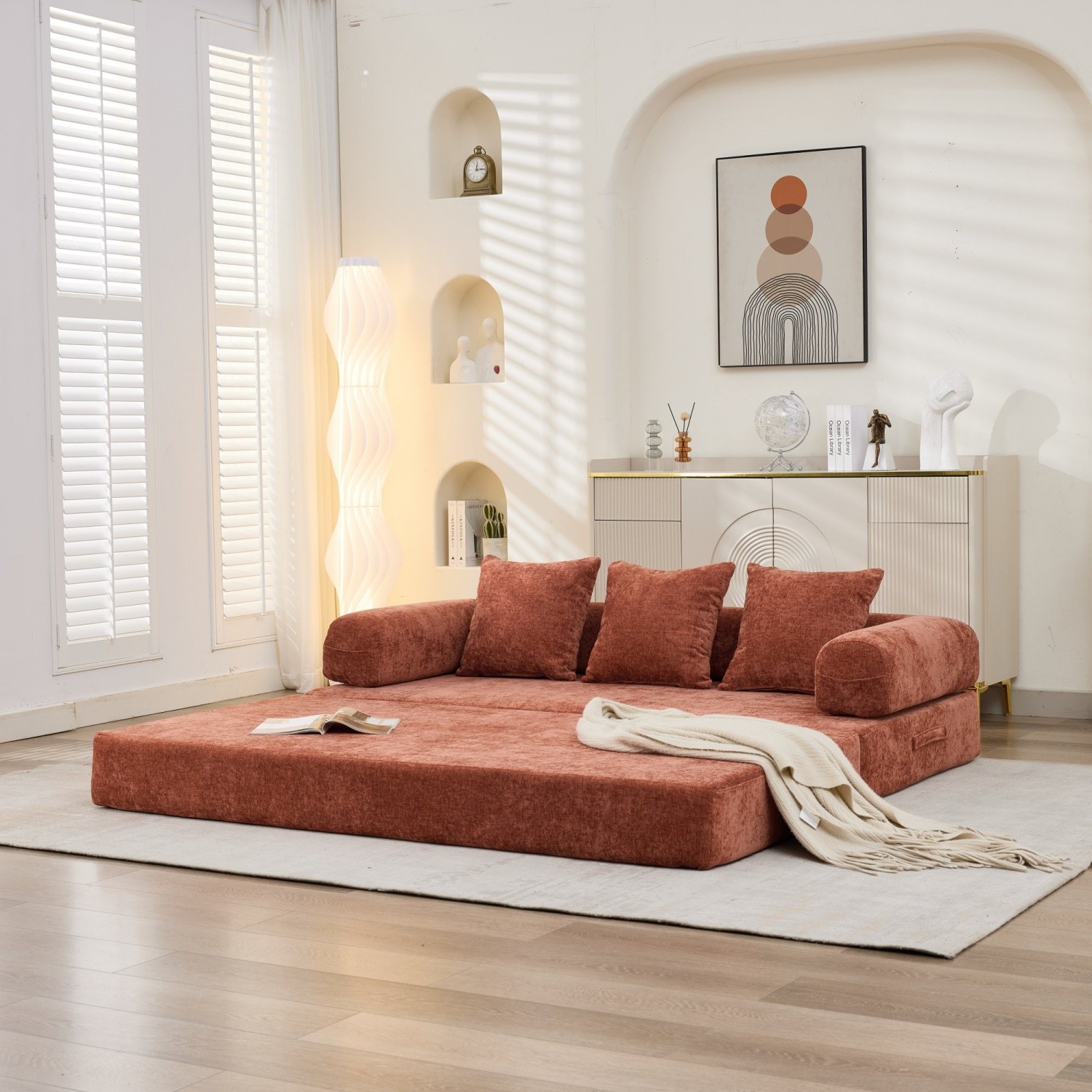 Modern Convertible Floor Sofa Bed Folding Mattress Couch w/ Armrests & Pillows