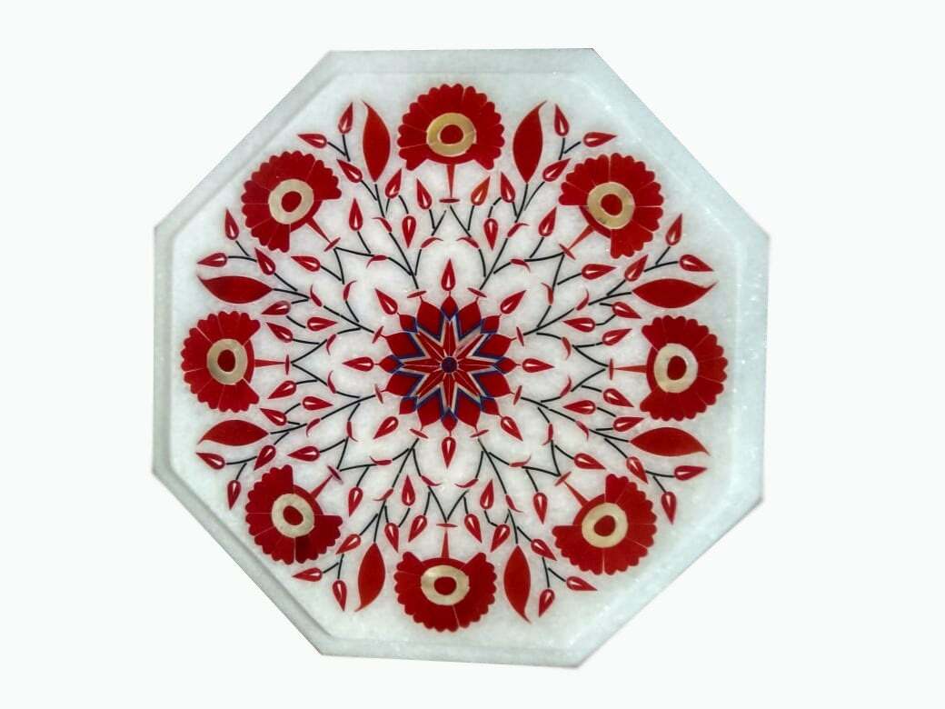 12" Marble Table Top floral inlay handicraft semi precious stones work