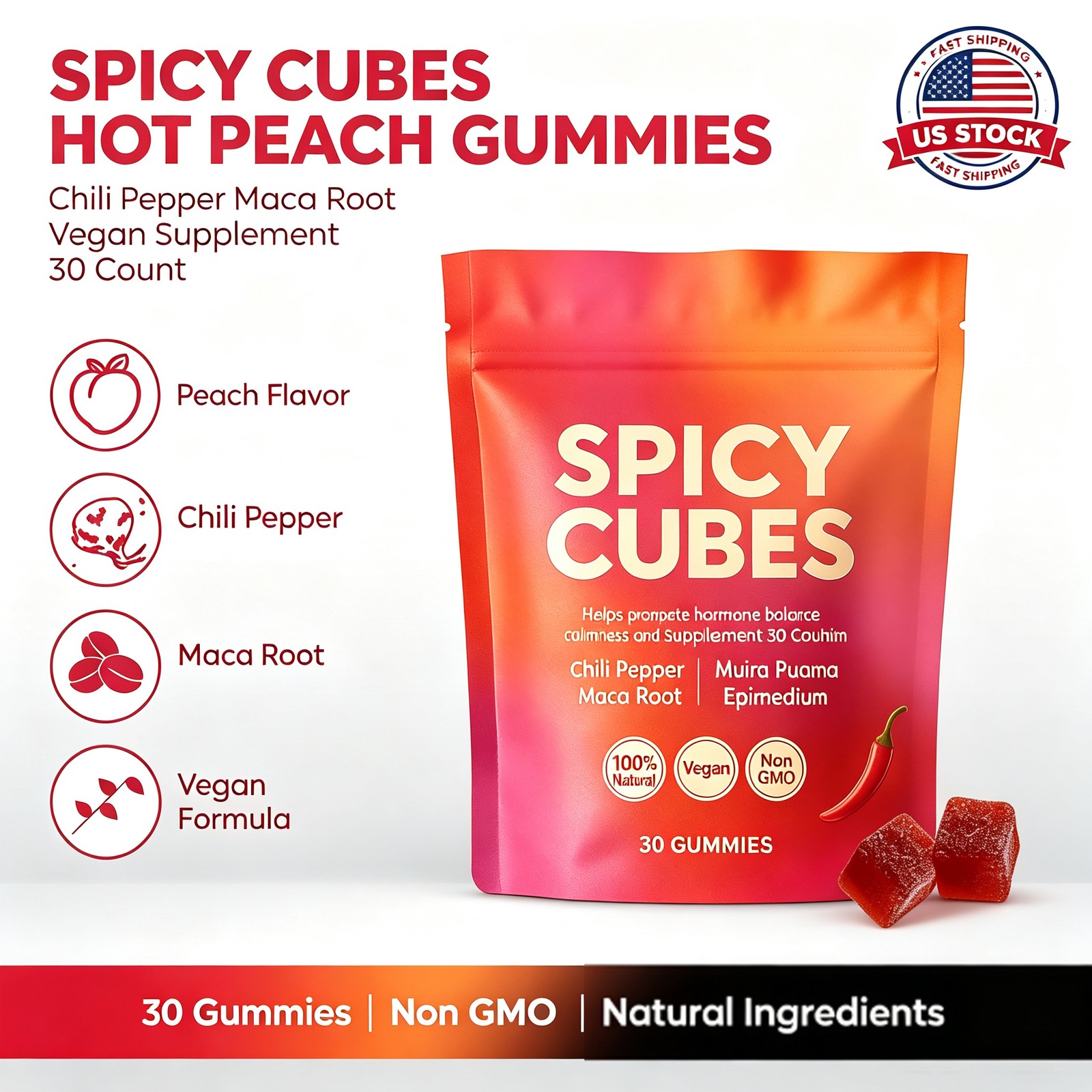 Spicy Hot Peach Gummies with Chili & Maca Root, Vegan Energy Chews 30 Count