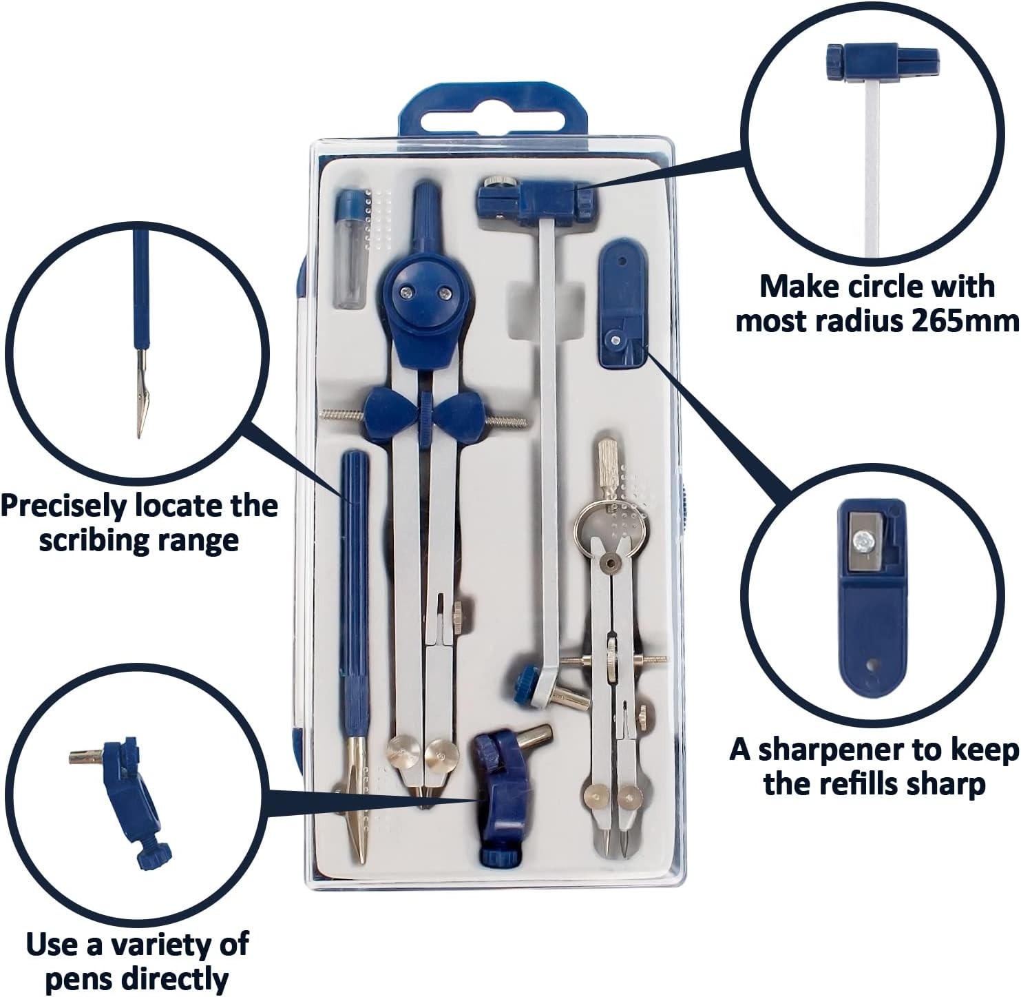 7-Piece Geometry Set - Metal Compass with Wheel and Lock - Precision Drawing...
