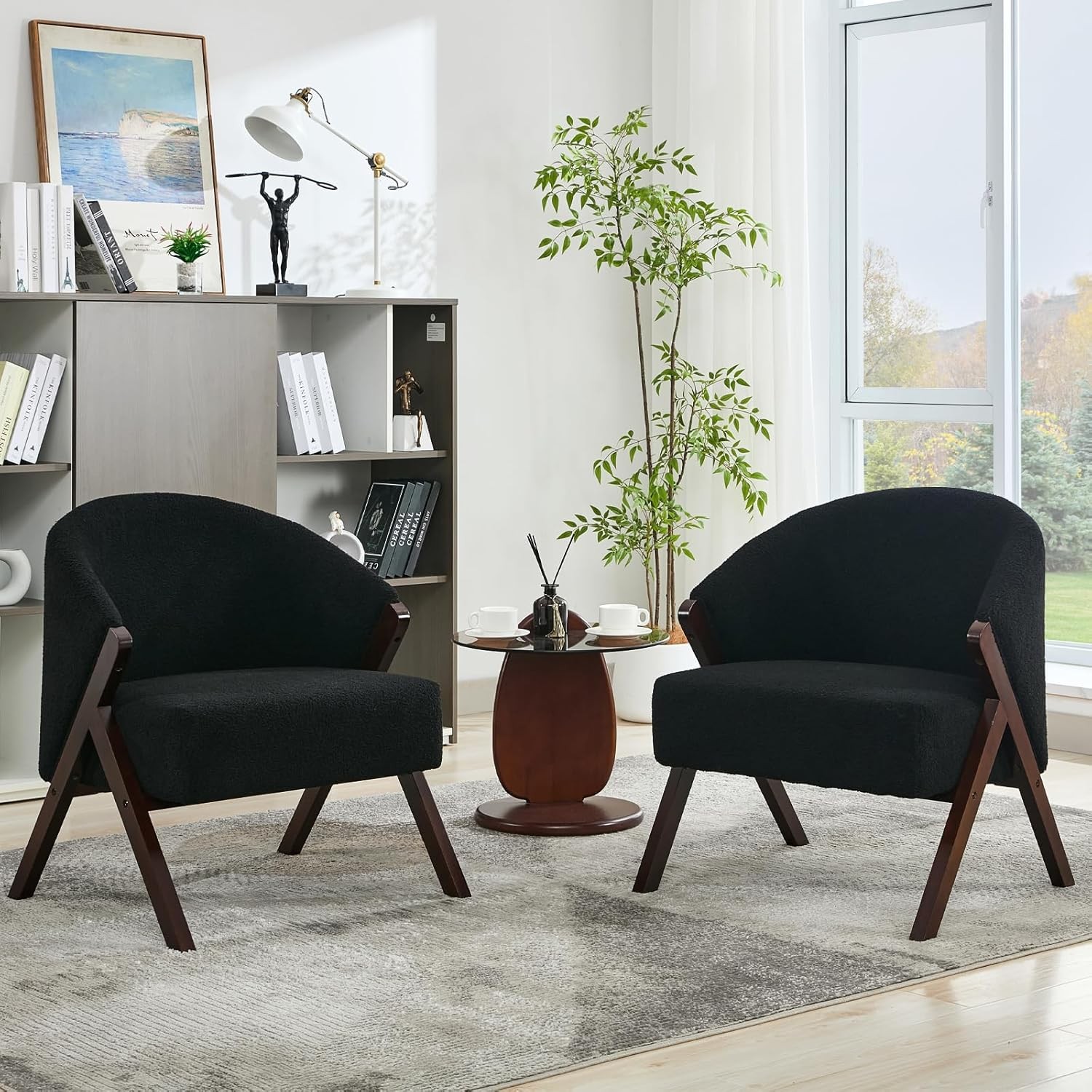 Black Modern Accent Chair with Teddy Velvet, Comfy Upholstered Reading Chair