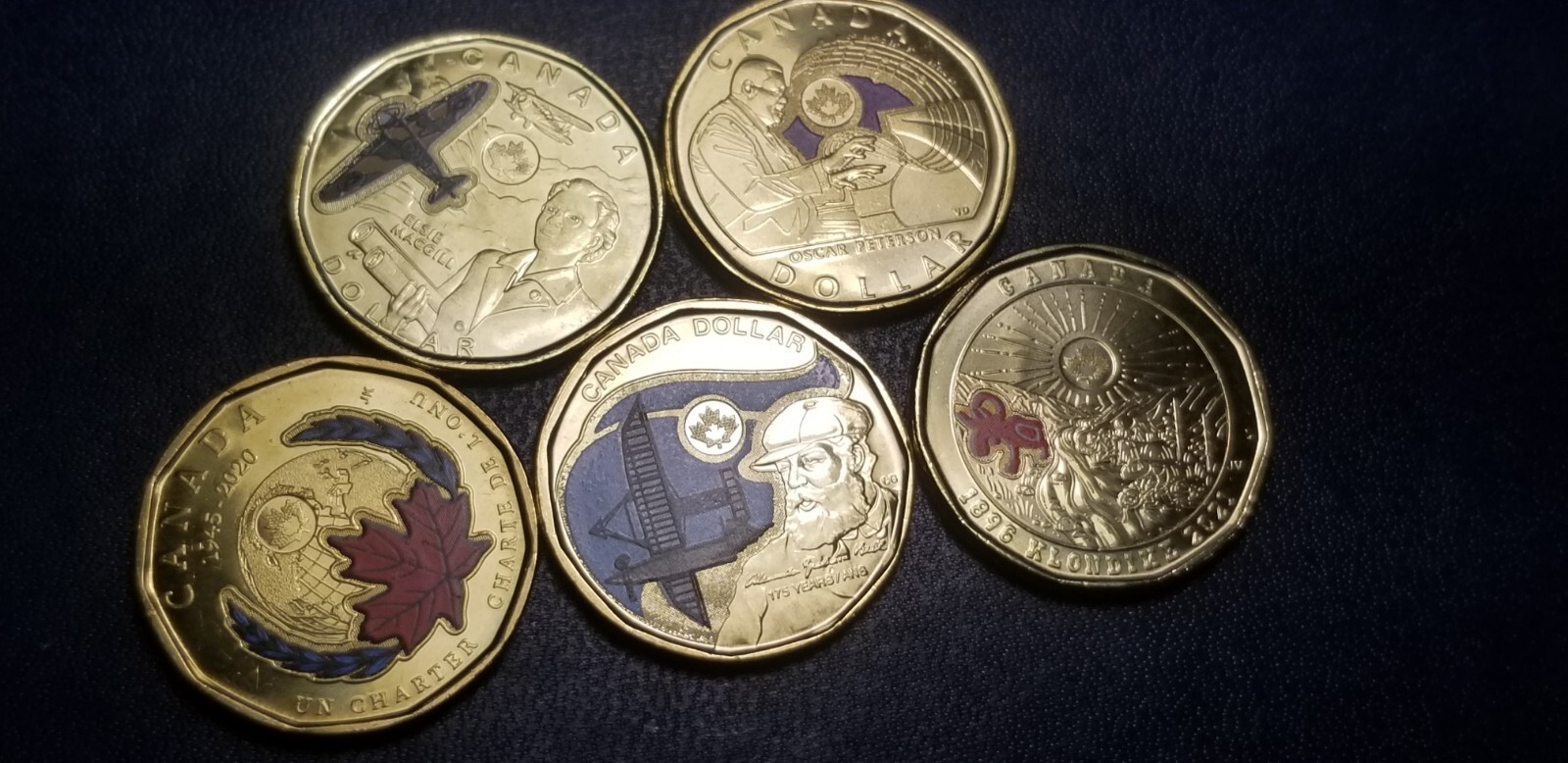 Collection Of 5 Different Beautiful Gem Coloured Canada Loon Dollars.