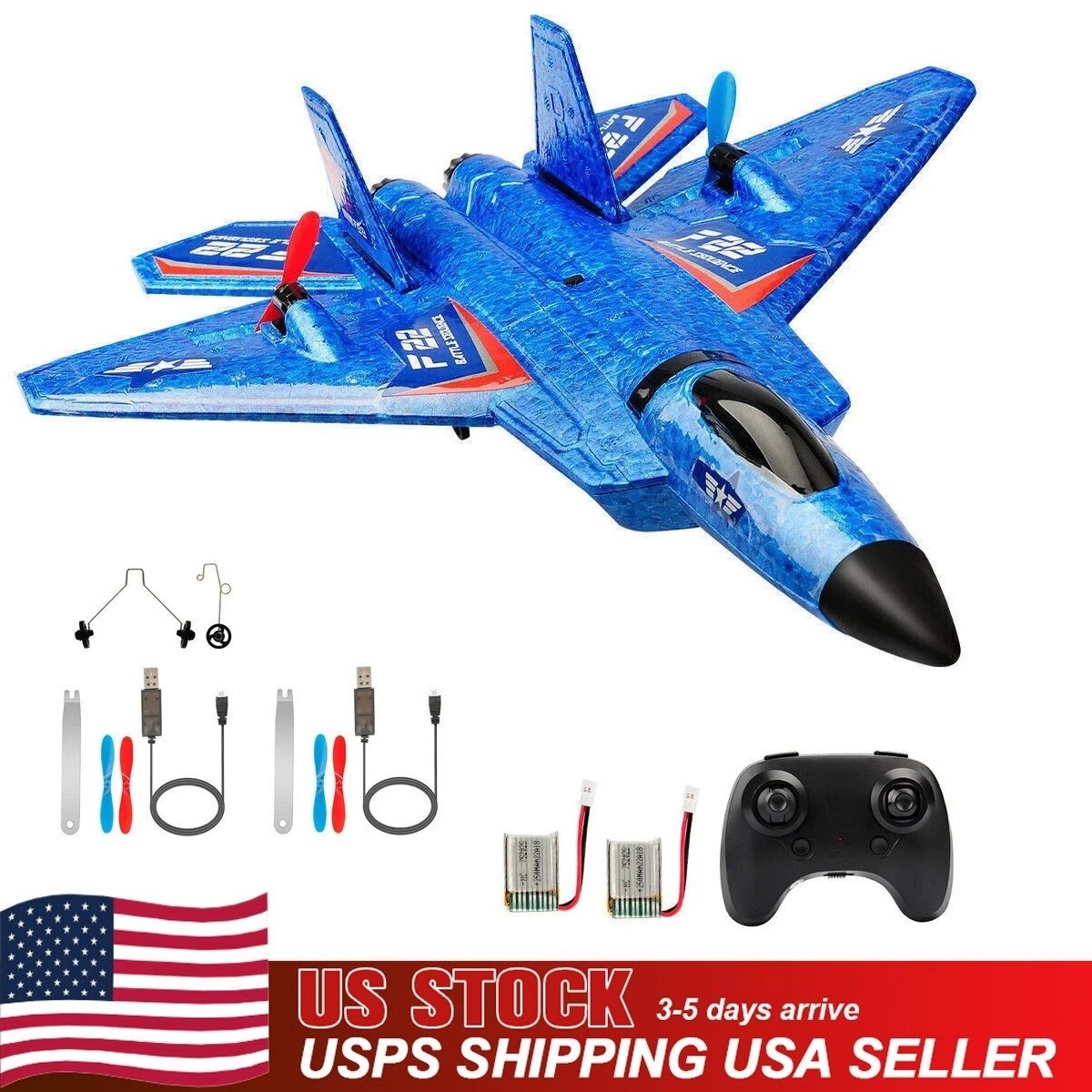 Blue Fighter F22 Airplane 2.4G Remote Control Plane 2CH 3-Axis Gyro Glider LED