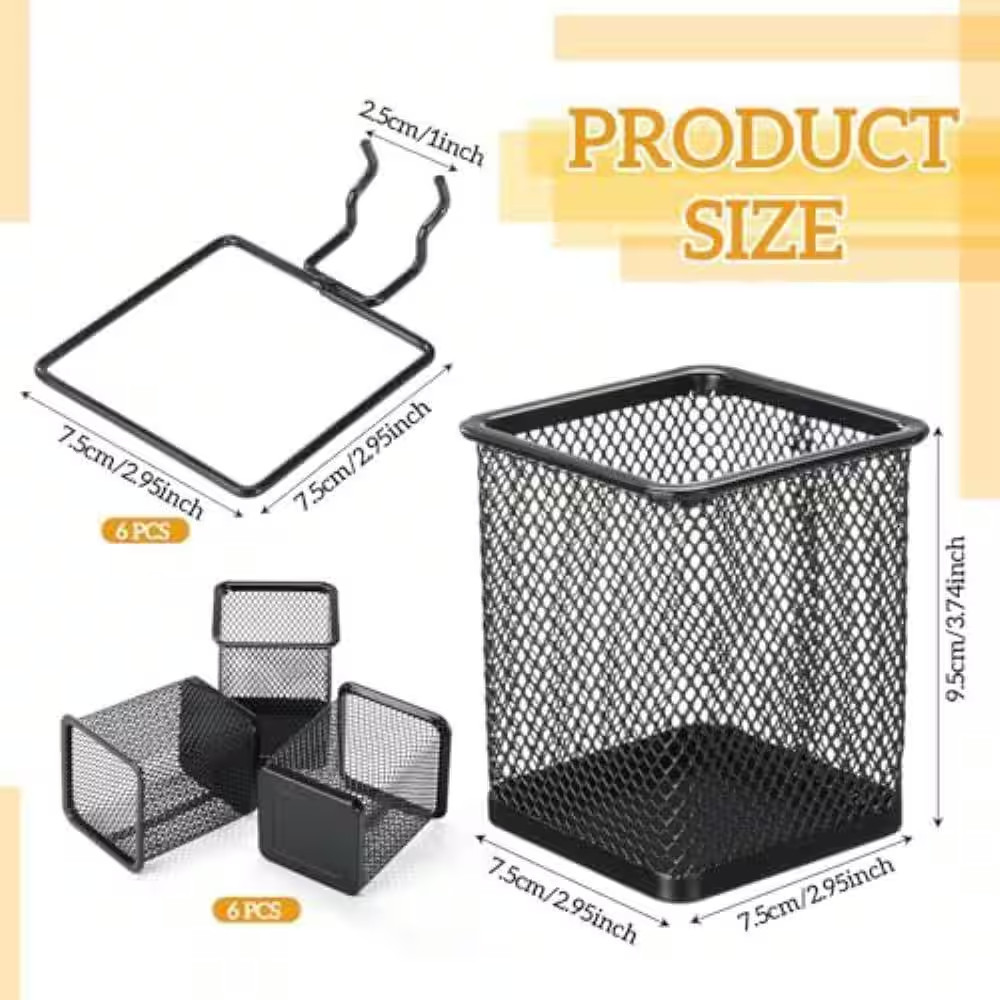 6-Pack Square Pegboard Cup Black Metal Mesh Pen Holder with Hooks Organizer Offi