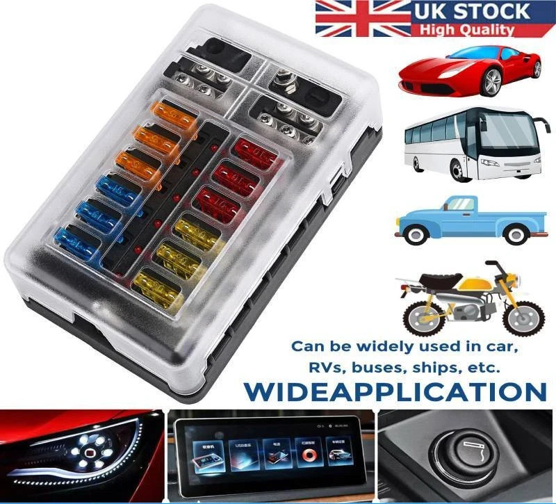 12 Way Blade Fuse Box Block & Auto Marine FuseBox Holder 12V24V Bus Bar Car Kit