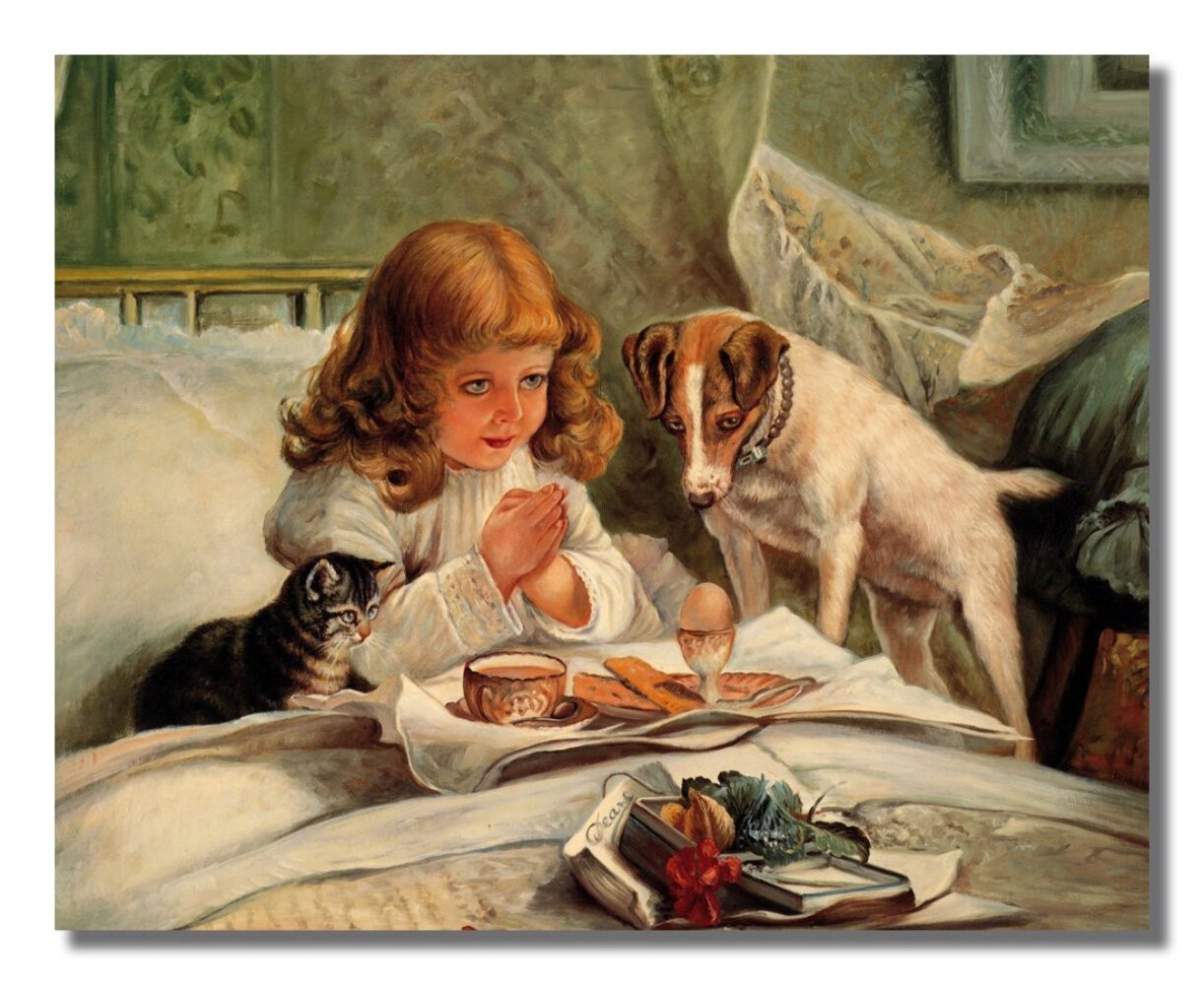 Little Girl Praying in Bed Breakfast Dog and Cat Religious Wall Picture Art Prin