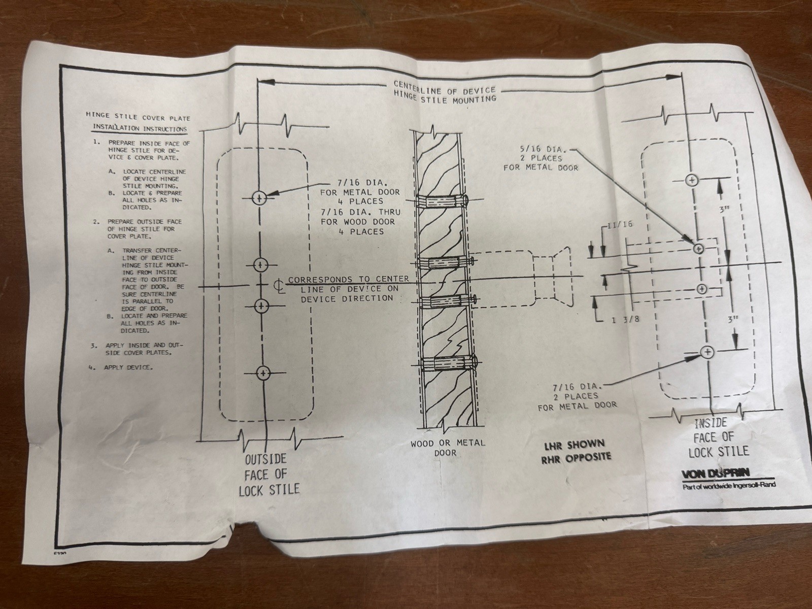 Allegion Von Duprin 997 Cover Plate SP28 Exit Device