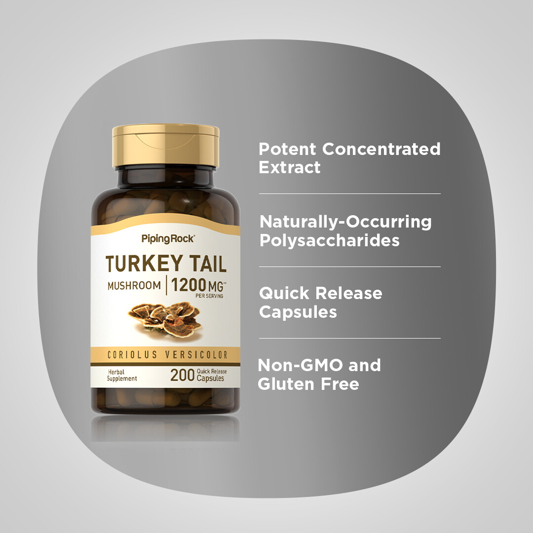Turkey Tail Mushroom Capsules | 1200mg | 200 Count | Non-GMO | by Piping Rock