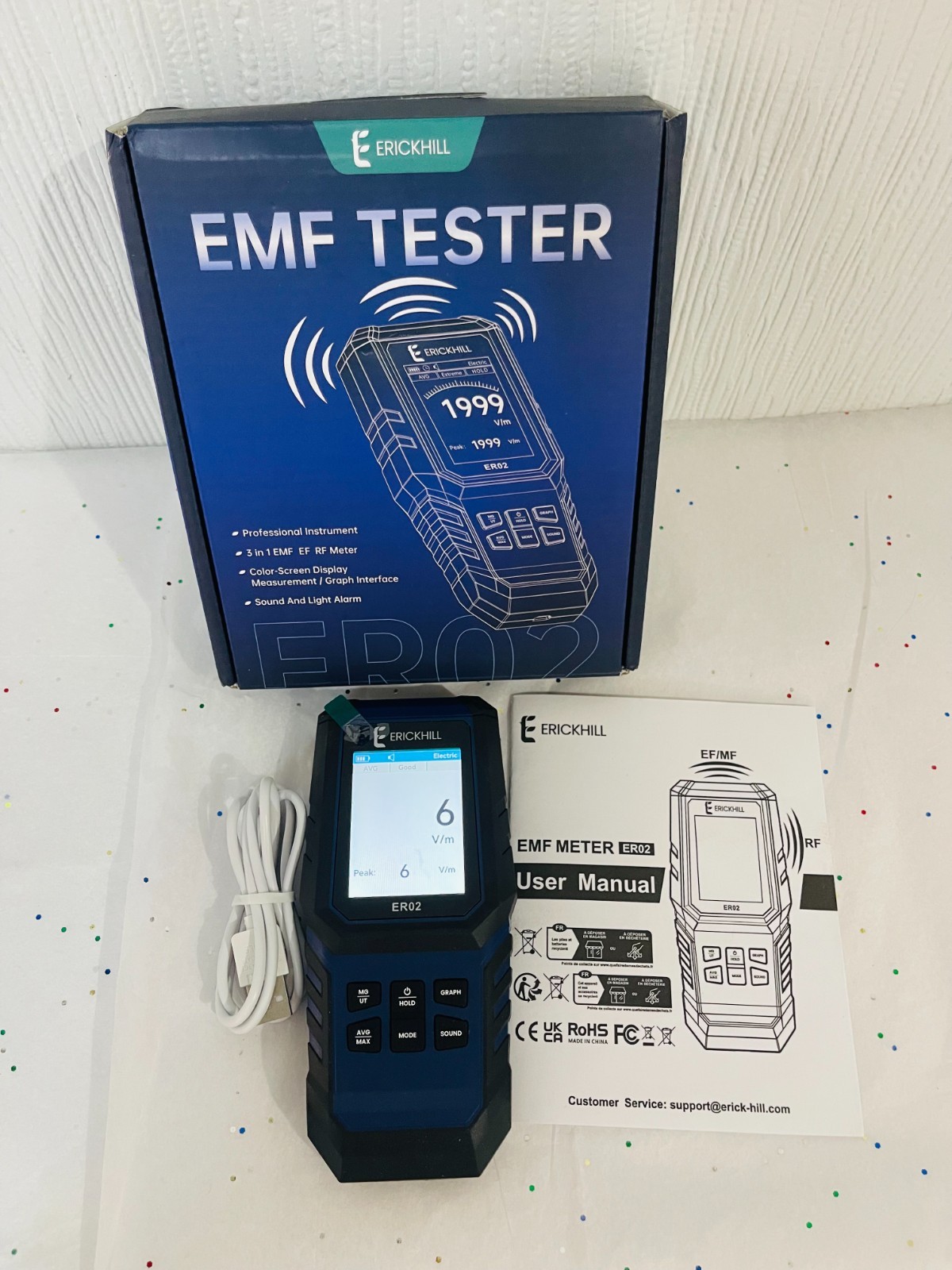 Erickhill ER02 Rechargeable EMF Tester 3 In 1 EF RF EMF Meter