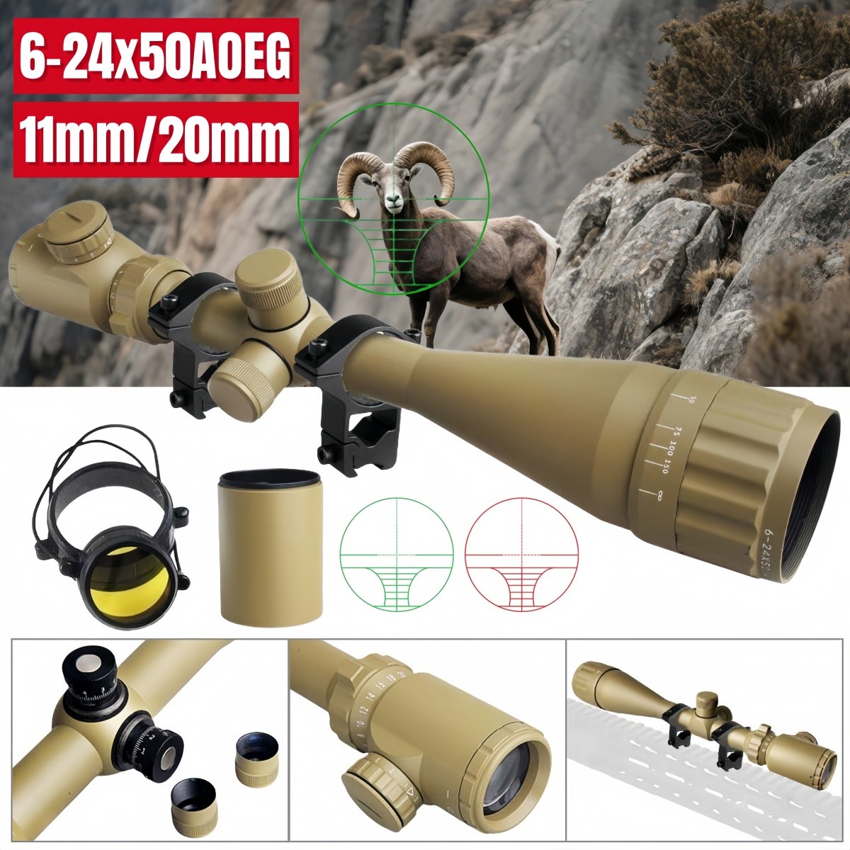 6-24x50 AOEG Scope Red&Green Mil-dot Sight Dual Illuminator Optic w/ Free Mount