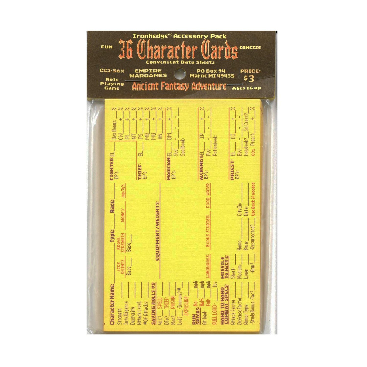 Empire Wargames Fantasy RPG Ironhedge Character Cards New