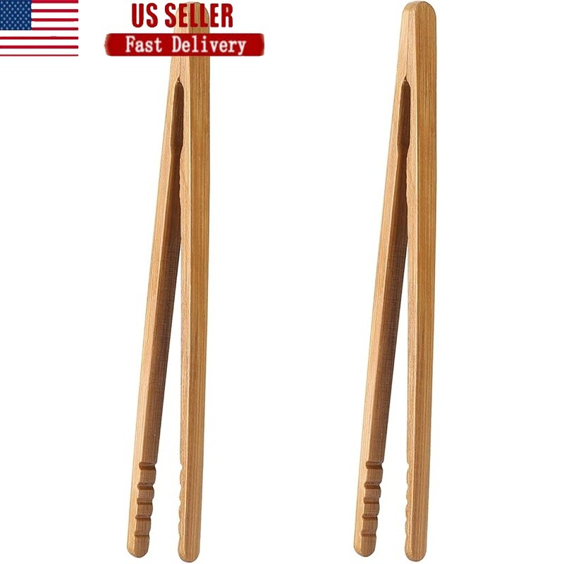 Bamboo Toast Tongs 7 Inch Kitchen Cooking Utensils Wooden Tongs Set 2 Pcs New
