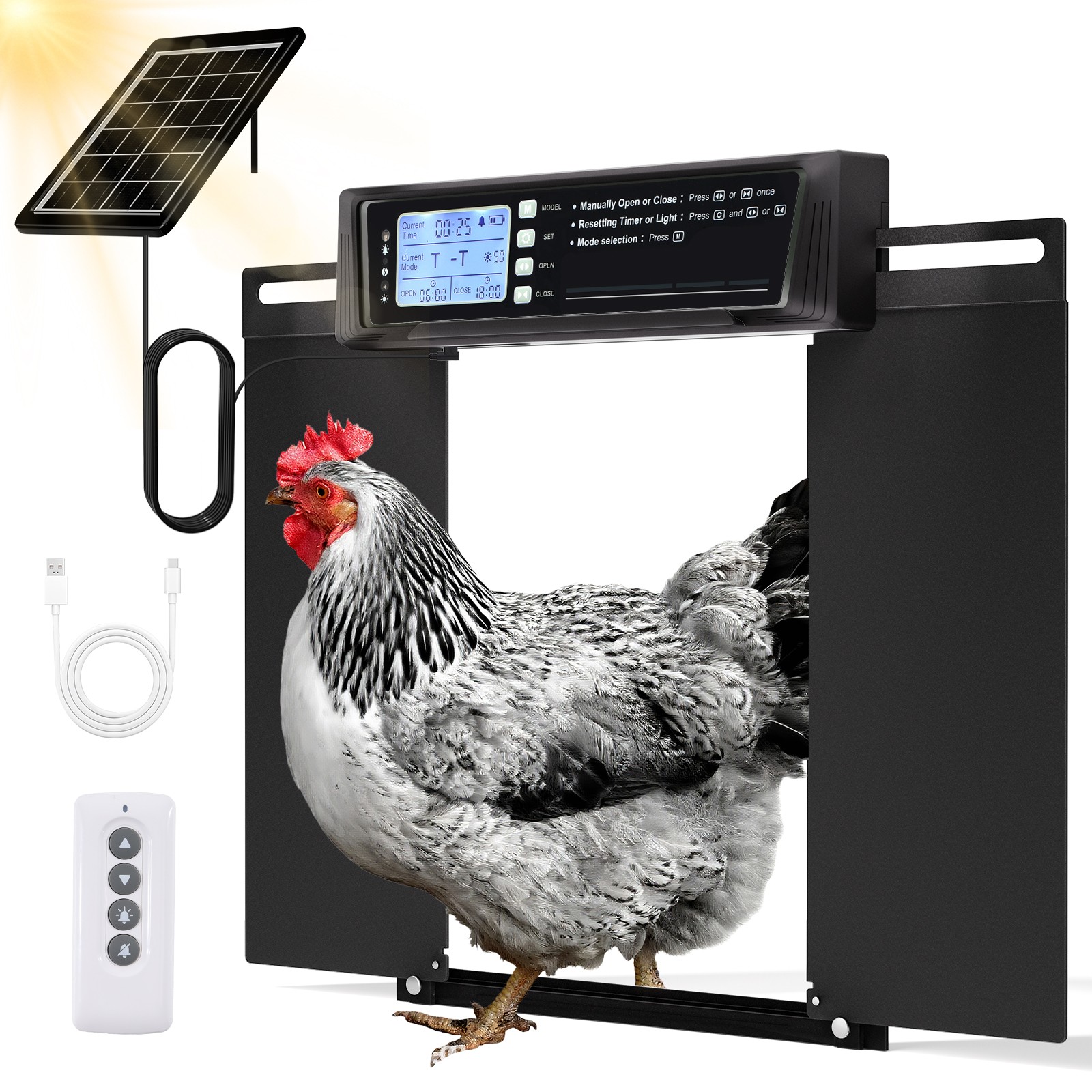 Solar Automatic Chicken Coop Door Opener with Timer Light Sensor Remote Control