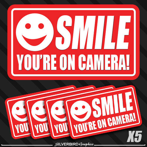 5 pack smile you're on camera stickers video security system warning alarm decal