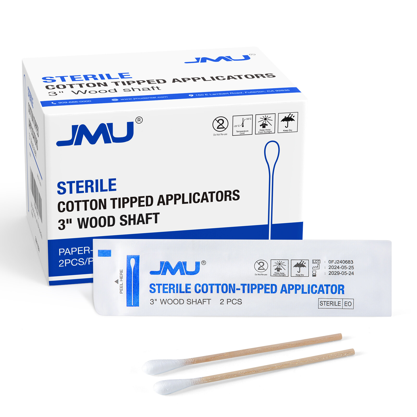 JMU 3" Sterile Dental Cotton Swabs Wood Shaft Medical Swabs Sterile 200pcs/pk