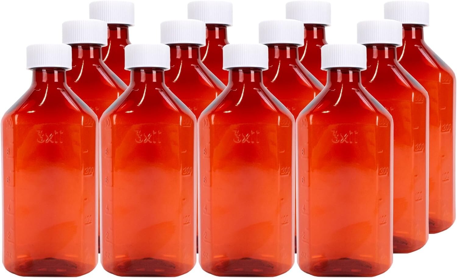 12oz Amber Plastic Graduated Oval Bottles, Child Resistant, 12/Box