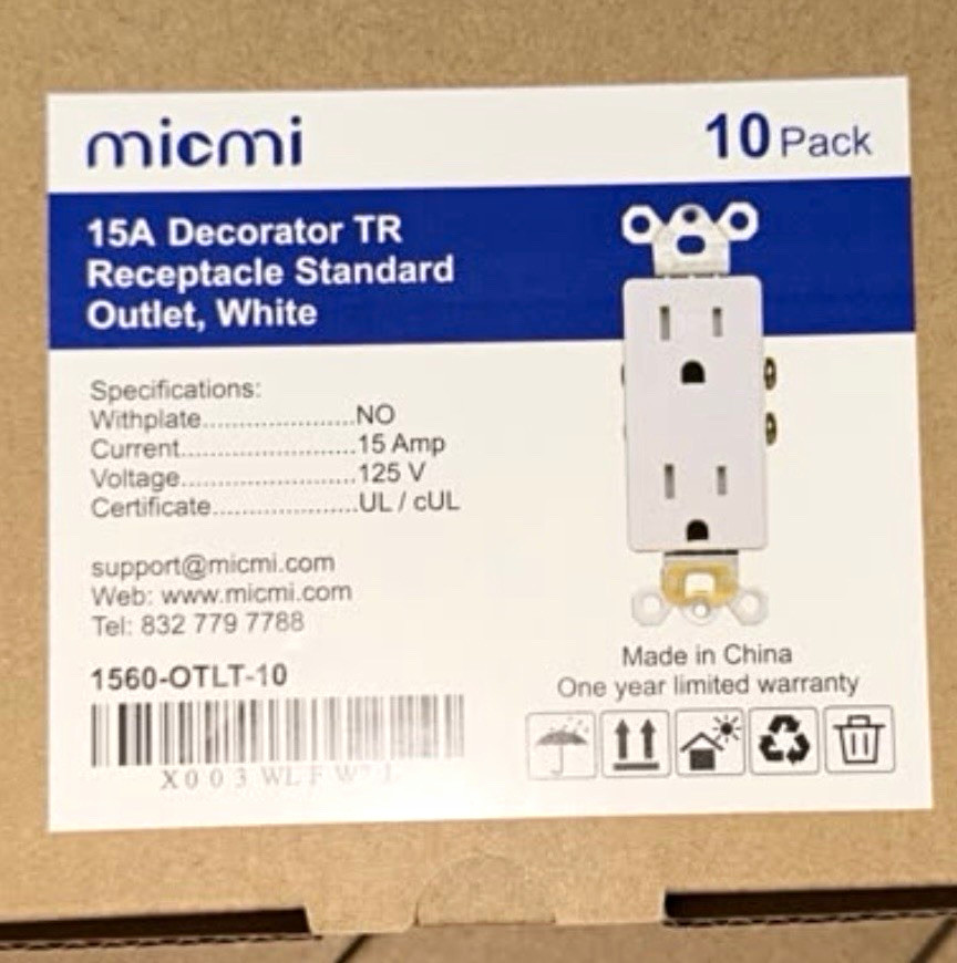 micmi 15A Tamper Resistant Decorator Duplex Receptacle, White 125V 10 Pack