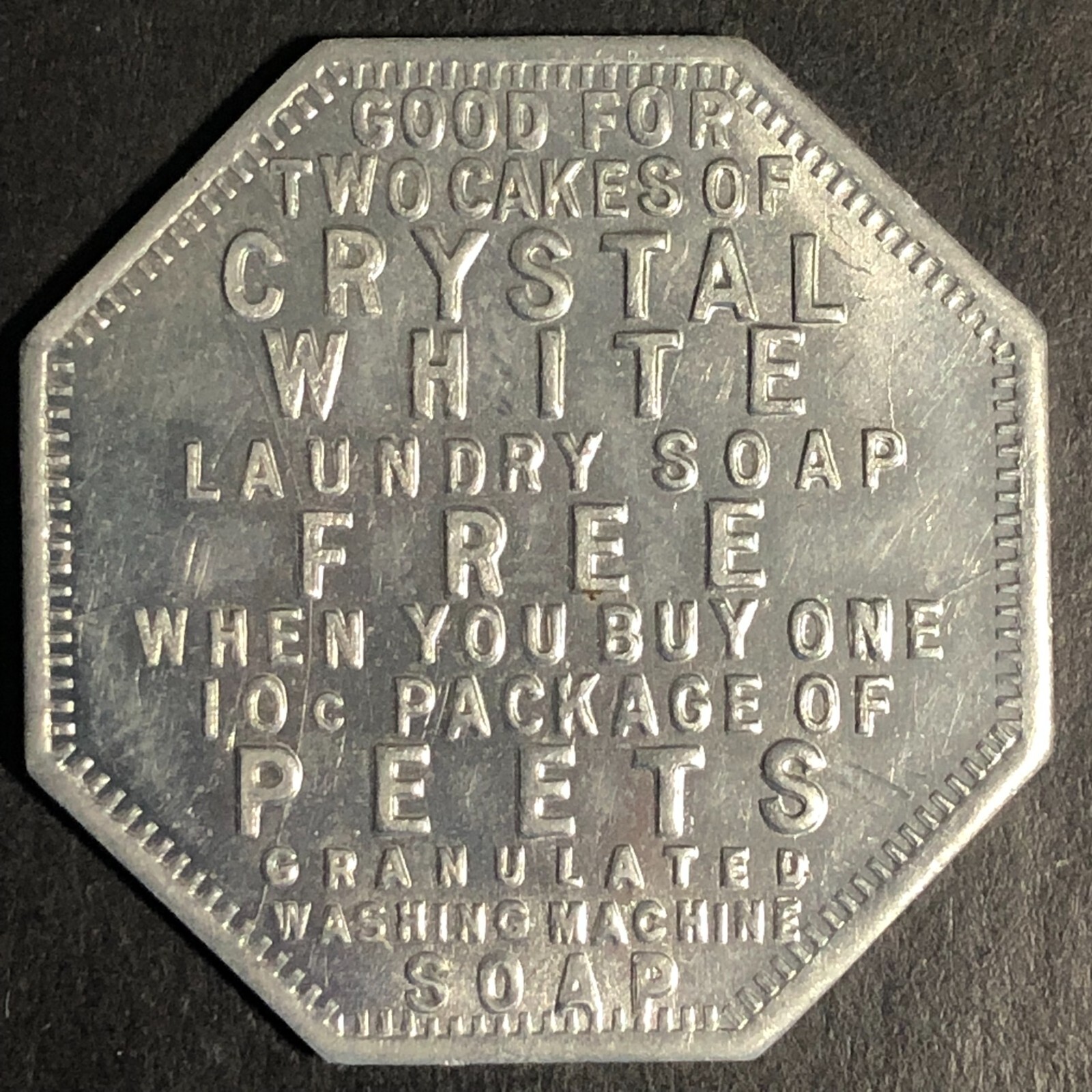 Crystal White / Peets Soap Aluminum Trade Token Free Hexagon 32.6mm c1926-30's