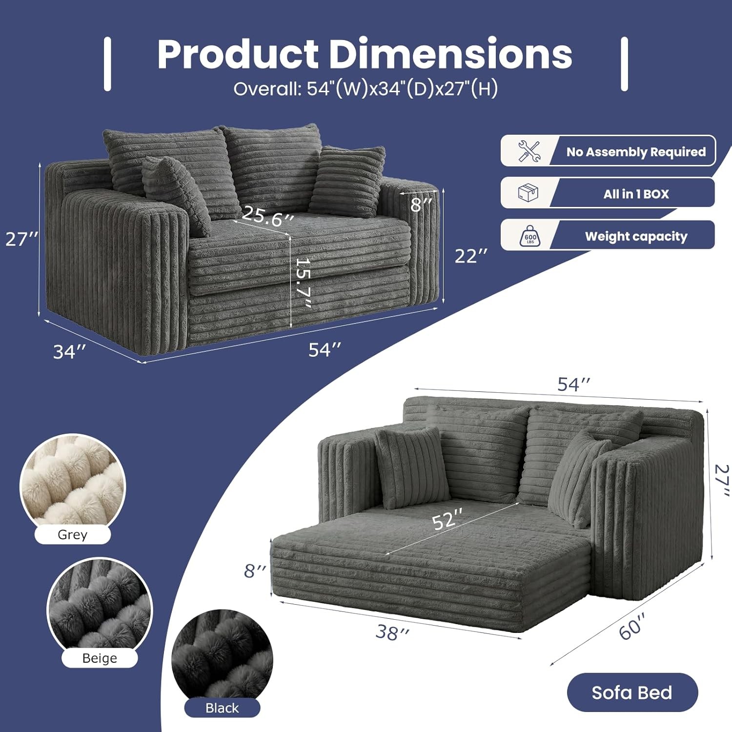 3-in-1 Convertible Sofa Bed Boneless Loveseat Sleeper & Folding Couch Bed W/ 4