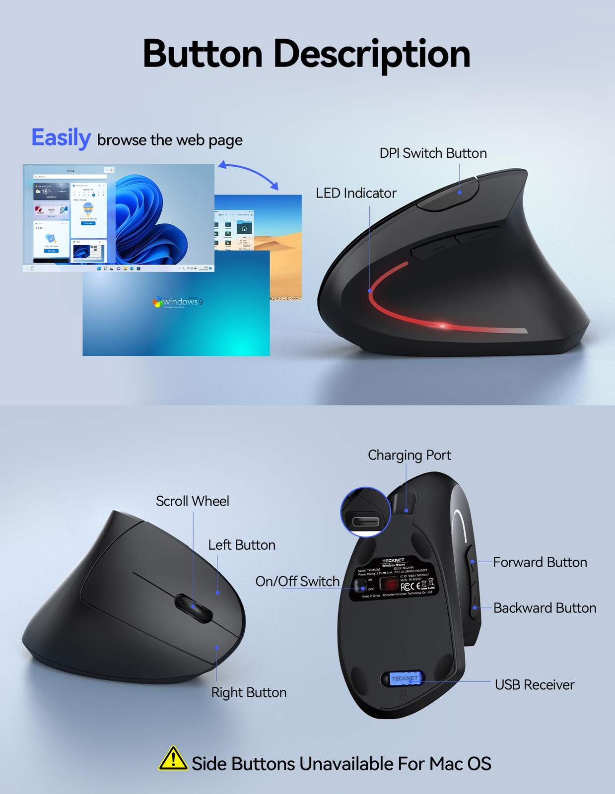 TECKNET Ergonomic Mouse, Wireless Rechargeable Vertical Mouse for Black