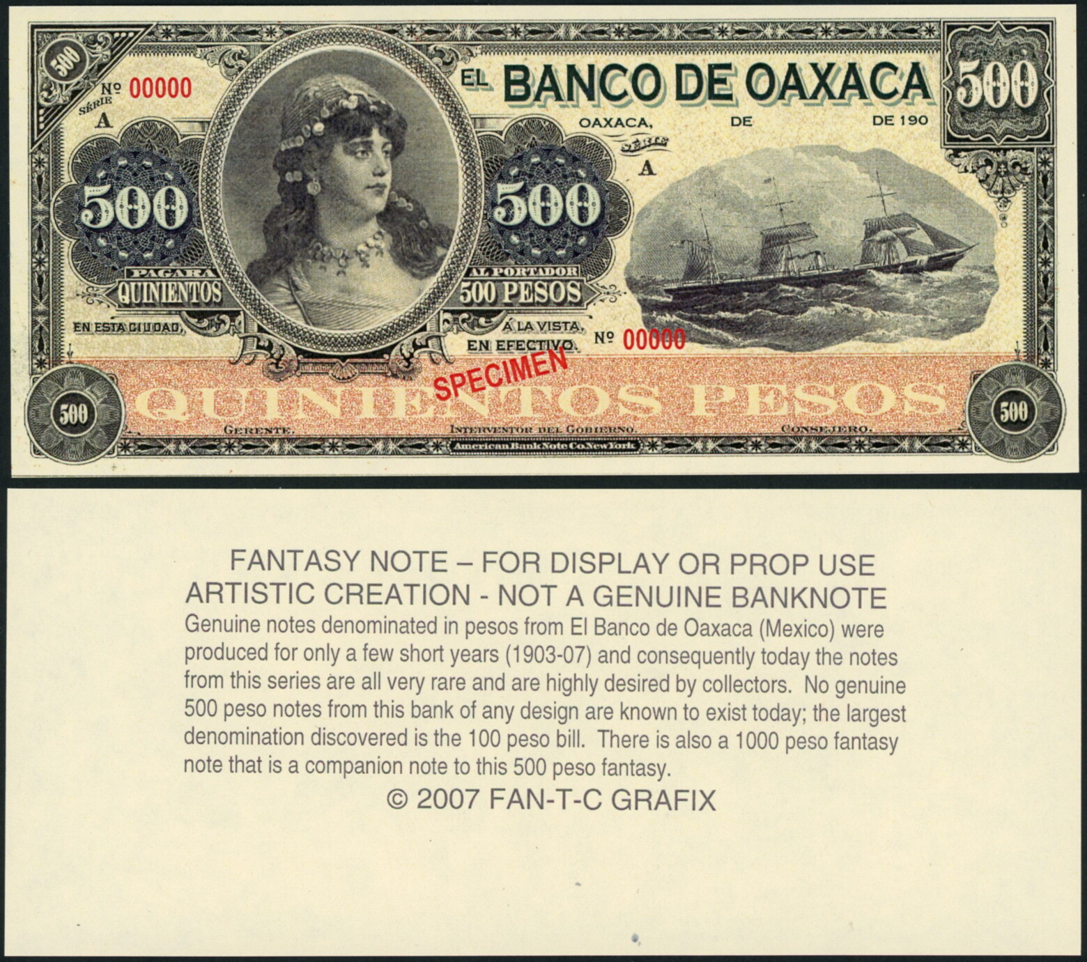 MEXICO - Banco de Oaxaca 500 Pesos Fantasy Banknote/Artist Concept Gypsy Ship