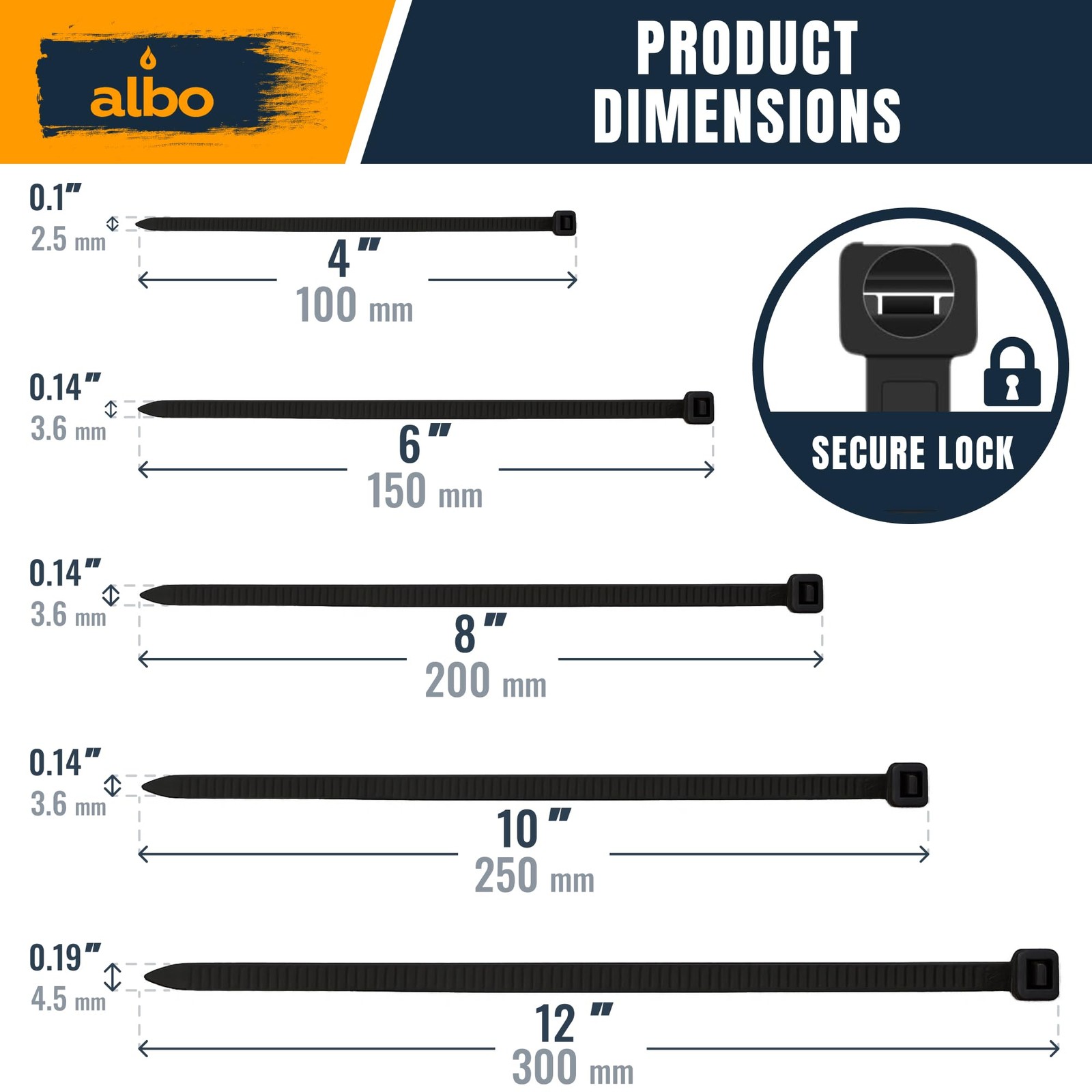 ALBO Black Zip Ties Assorted Sizes 800 800 Pack,