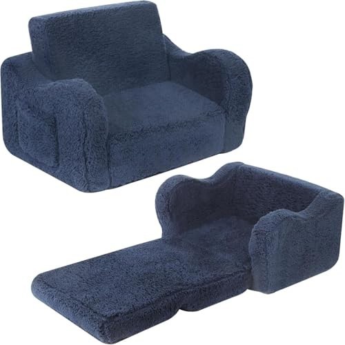Cozy Kids 2-in-1 Flip-Out Foam Sofa Lounge Chair with Soft Sherpa Cover - Dark B