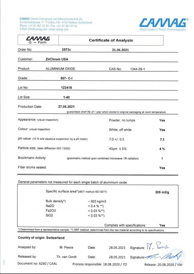 CAMAG Neutral Alumina (Aluminum Oxide) in 25kg Fiber Drum for Chromatography