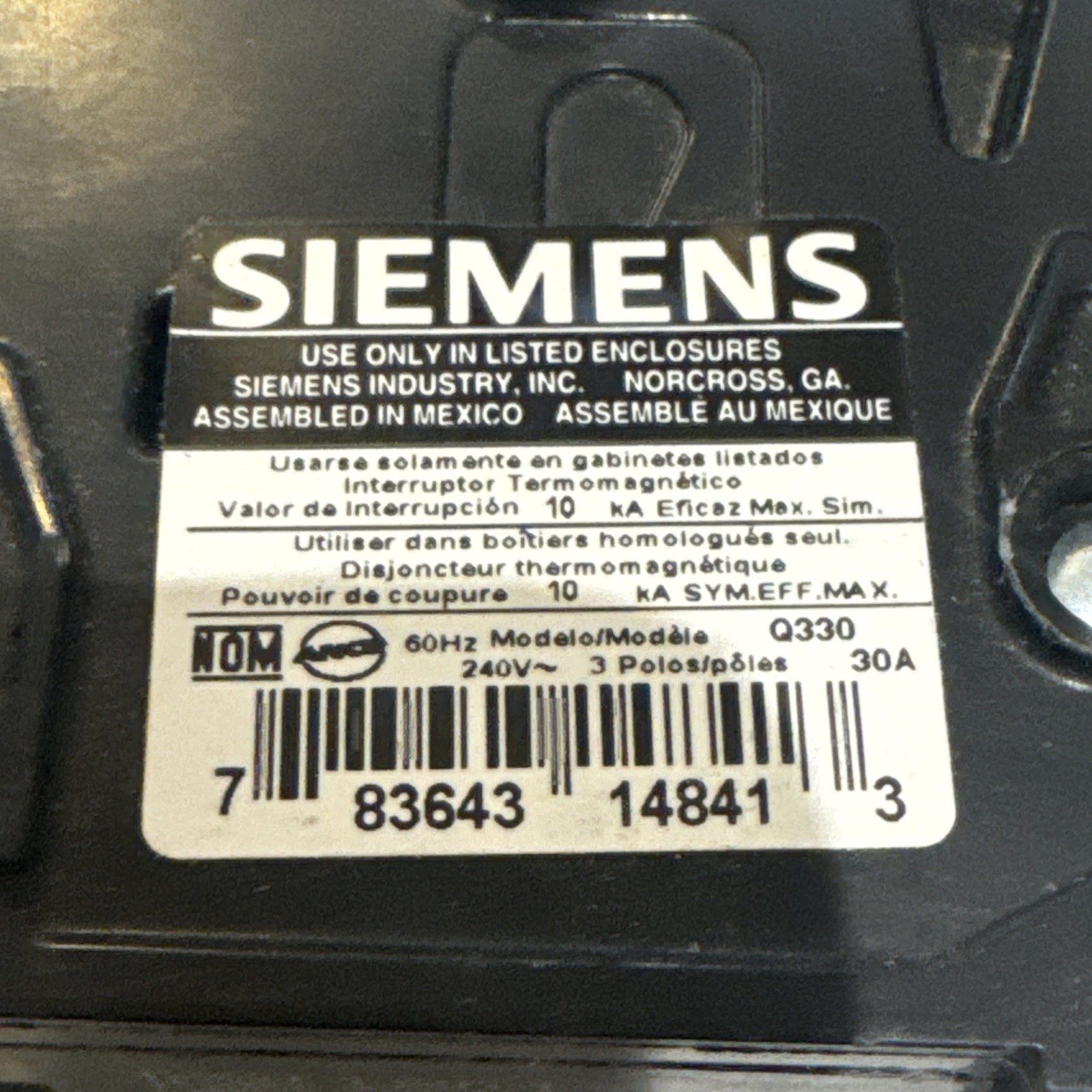 Siemens Q330 Circuit Breaker, 3Pole, 30A, 240V Type QP - USED