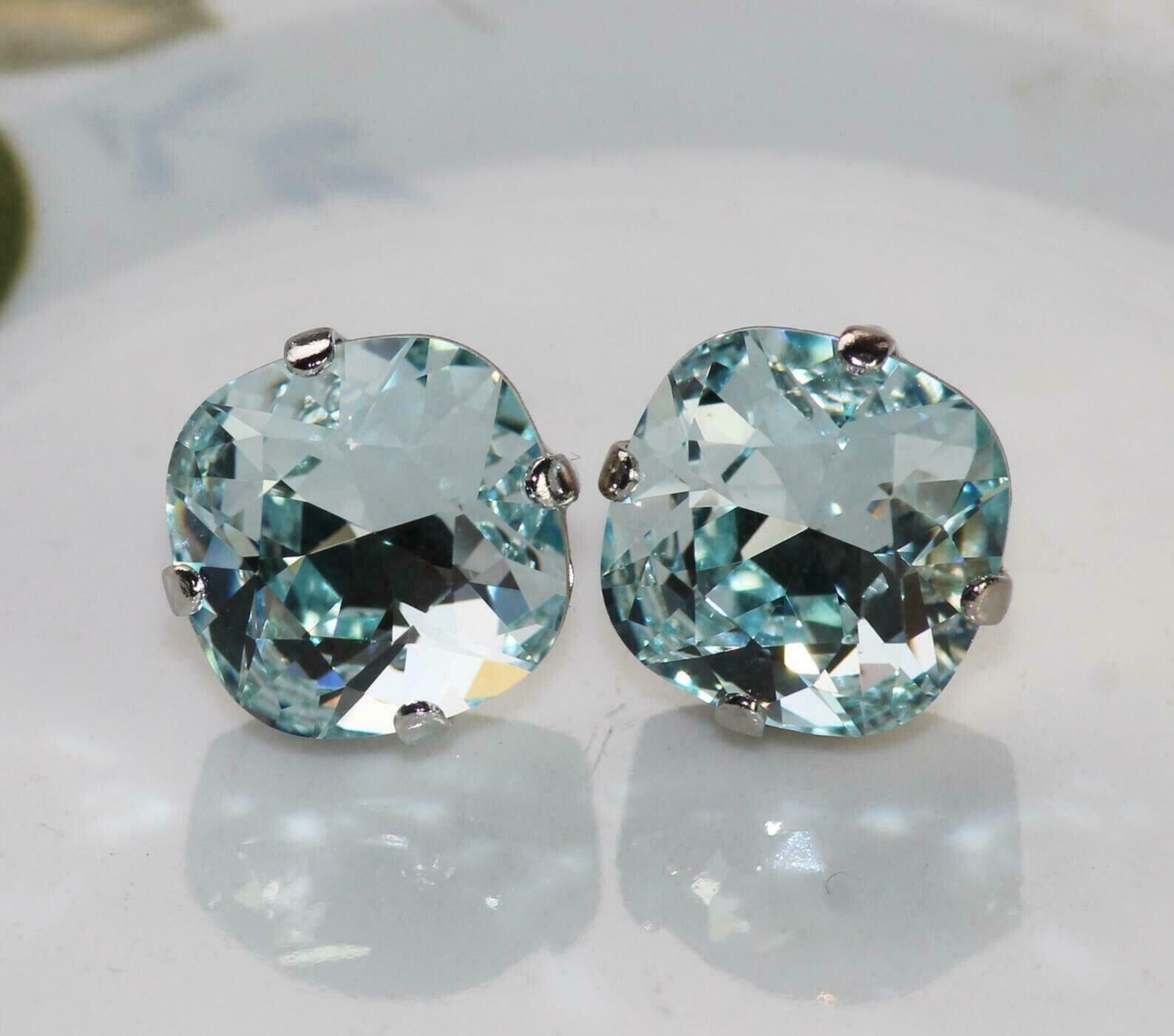 4Ct Cushion Cut Lab-Created Aquamarine Stud Push Back Earrings 14K White Gold FN