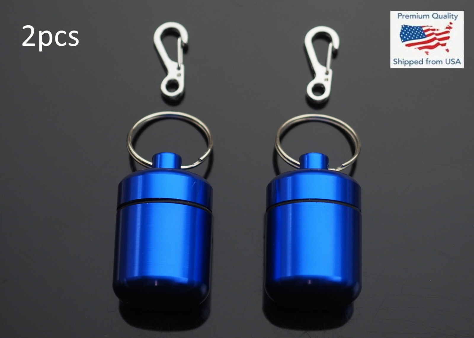 2 PCS Waterproof 1" Wide Pill Container Capsule Bottle Keychain & Clip - Blue