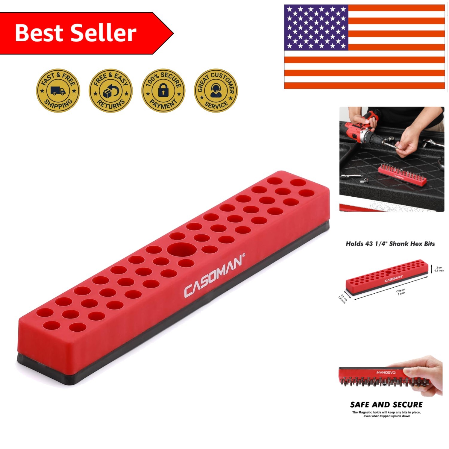 Red 1/4" Hex Bit Organizer with Strong Magnetic Base – 43 Holes for Easy Access