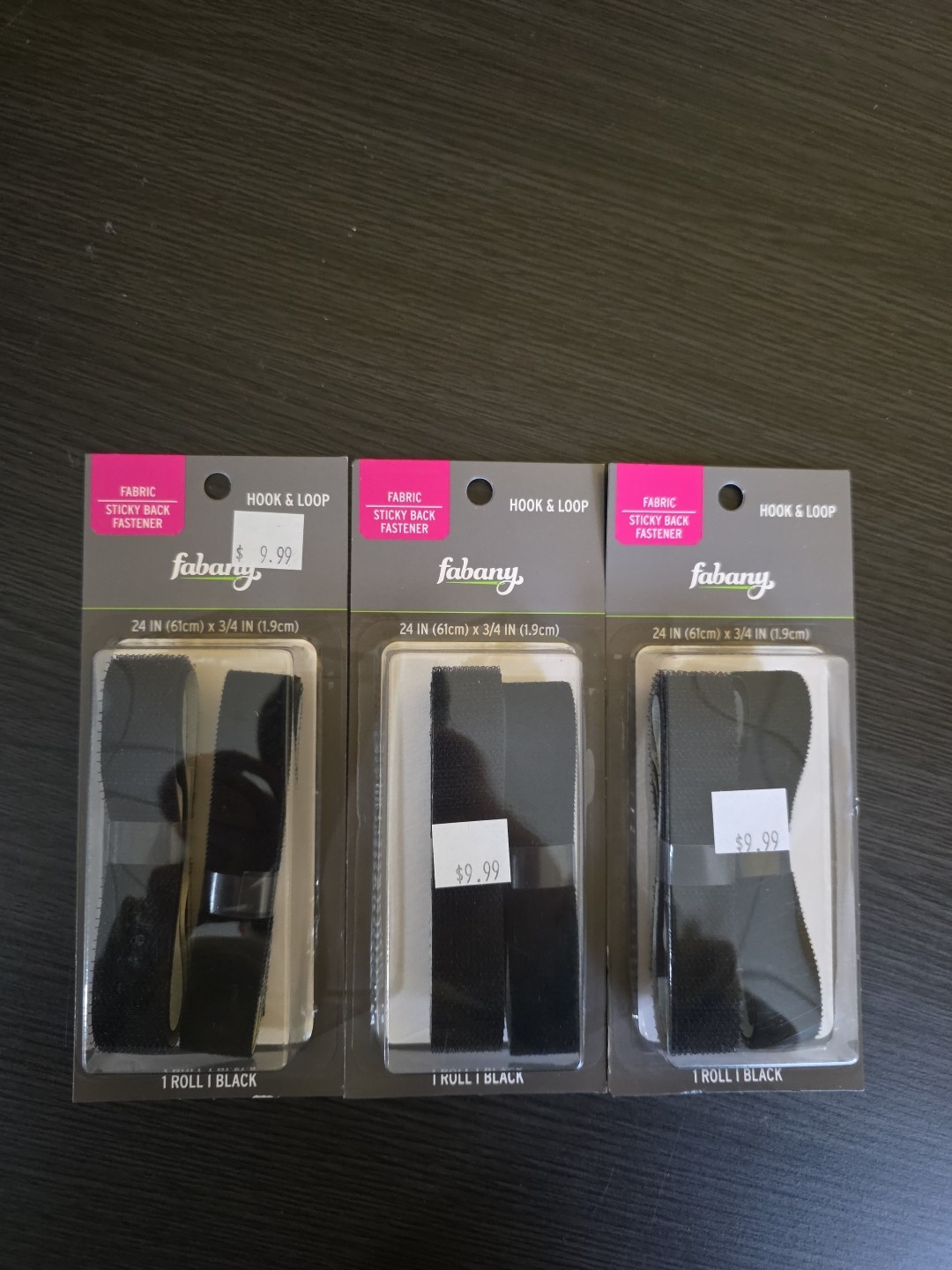 New/Sealed Lot of 3 Fabany 24”x 3/4” Hook & Loop Black Set Sticky Back Free Ship