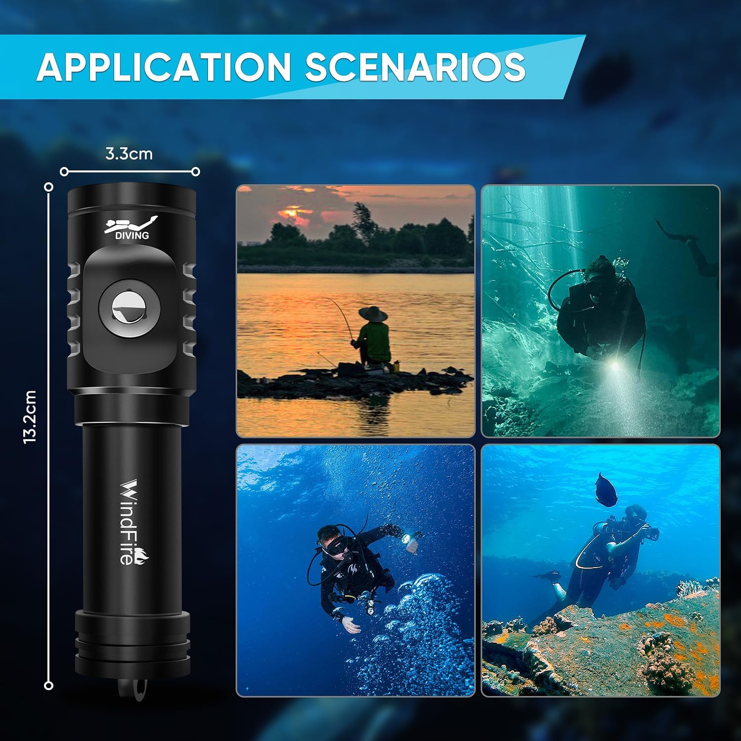 Scuba Diving Flashlight Rechargeable Waterproof Dive Torch 3 Modes