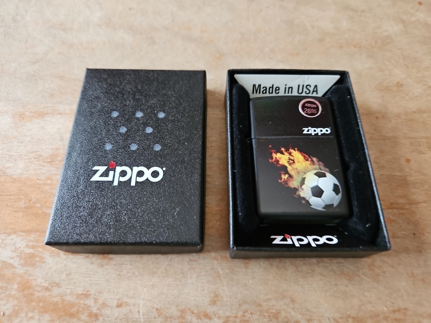 Zippo 28302 FLAMING SOCCER BALL on Black Matte Finish Lighter NEW IN BOX
