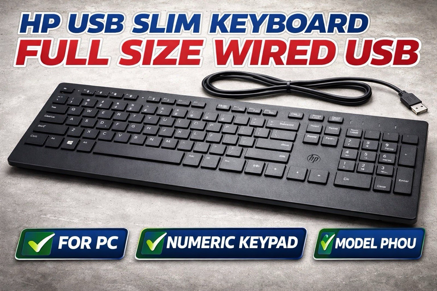HP USB Slim Keyboard Full Size Wired USB Black Numeric Keypad Model PHOU for PC