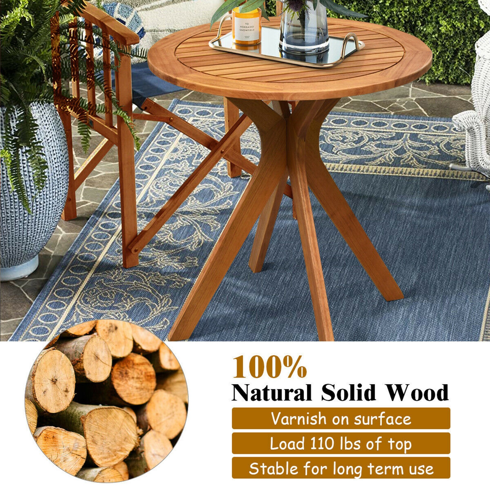 2PCS Patio Rocking Chair Set Round Table Solid Wood Cushioned Sofa Garden Deck