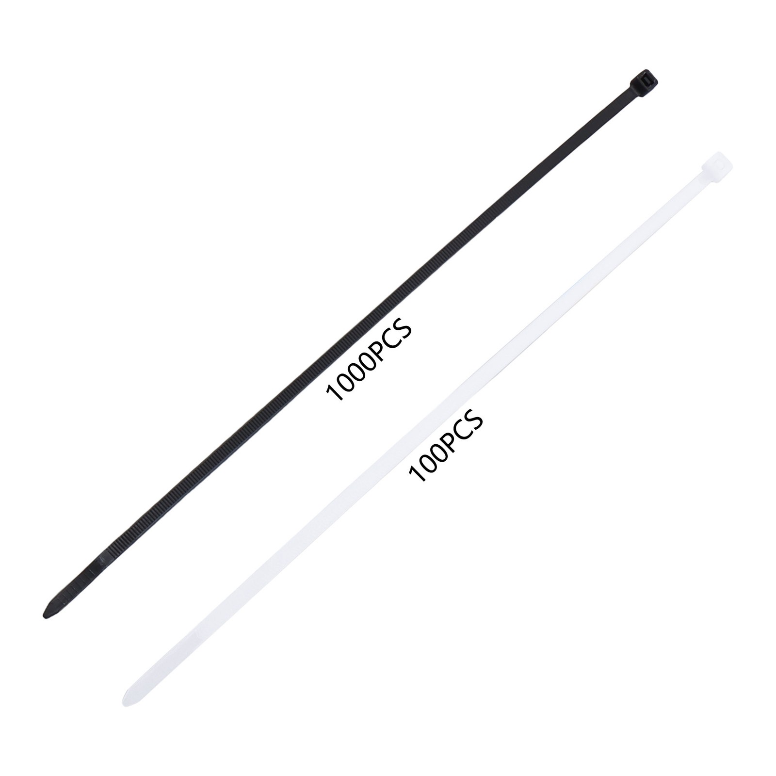Self-locking Cable Ties, 12", 50 lbs, Nylon, 1000-Pack Black & 100-Pack White