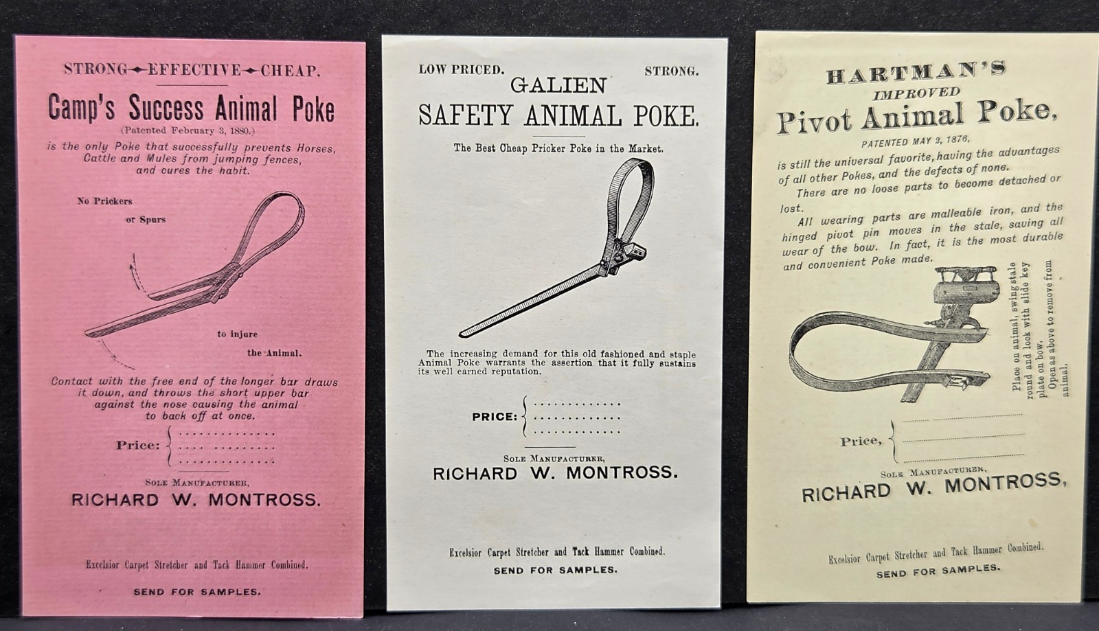 1910's Montross Animal Poke's Advertising Circulars (3) Keeps Cattle from Fences
