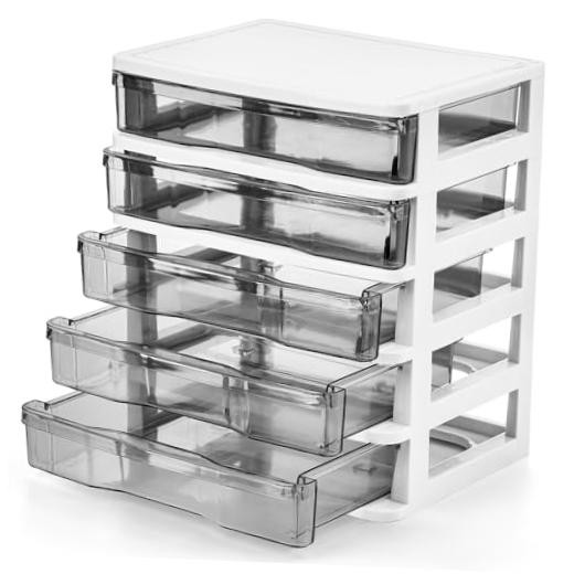 5 Drawer Desktop Storage Bin Unit, Small Plastic Organizer, White Frame with