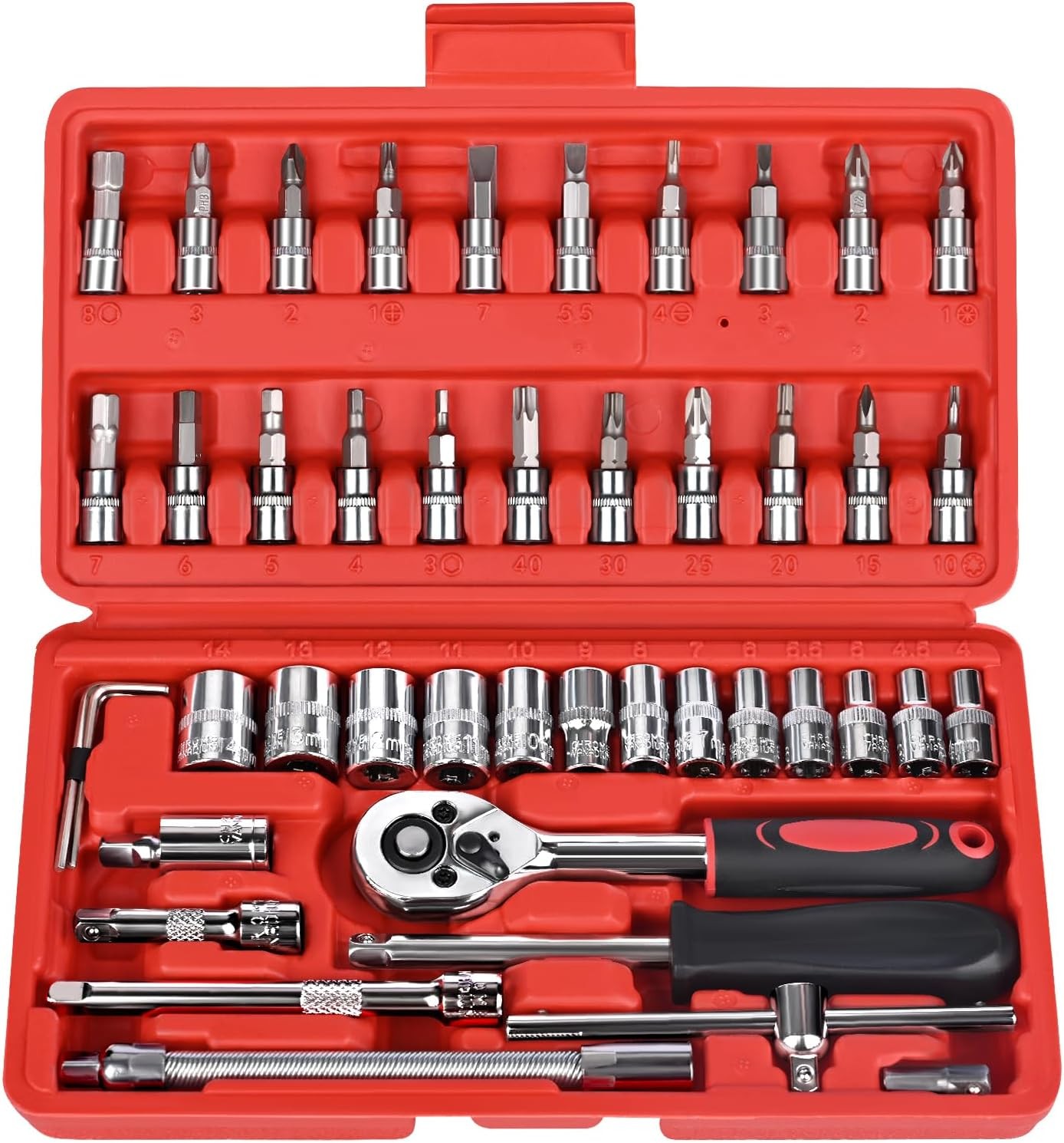 46PCS Socket Ratchet Wrench Set, 1/4 Inch Drive Small Tool Set with