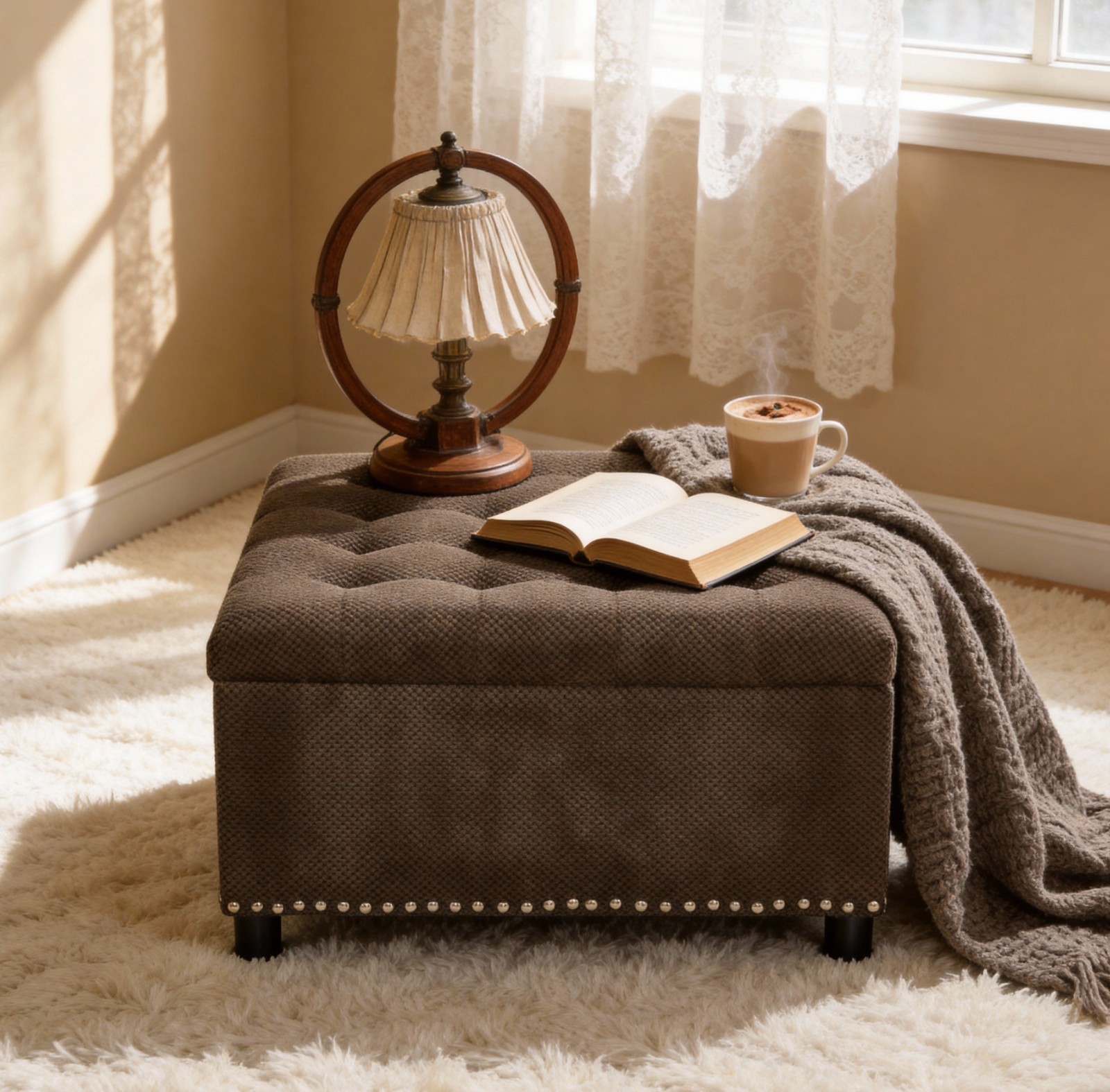 Tufted Storage Ottoman with Nailhead Trim Square Upholstered Coffee Table