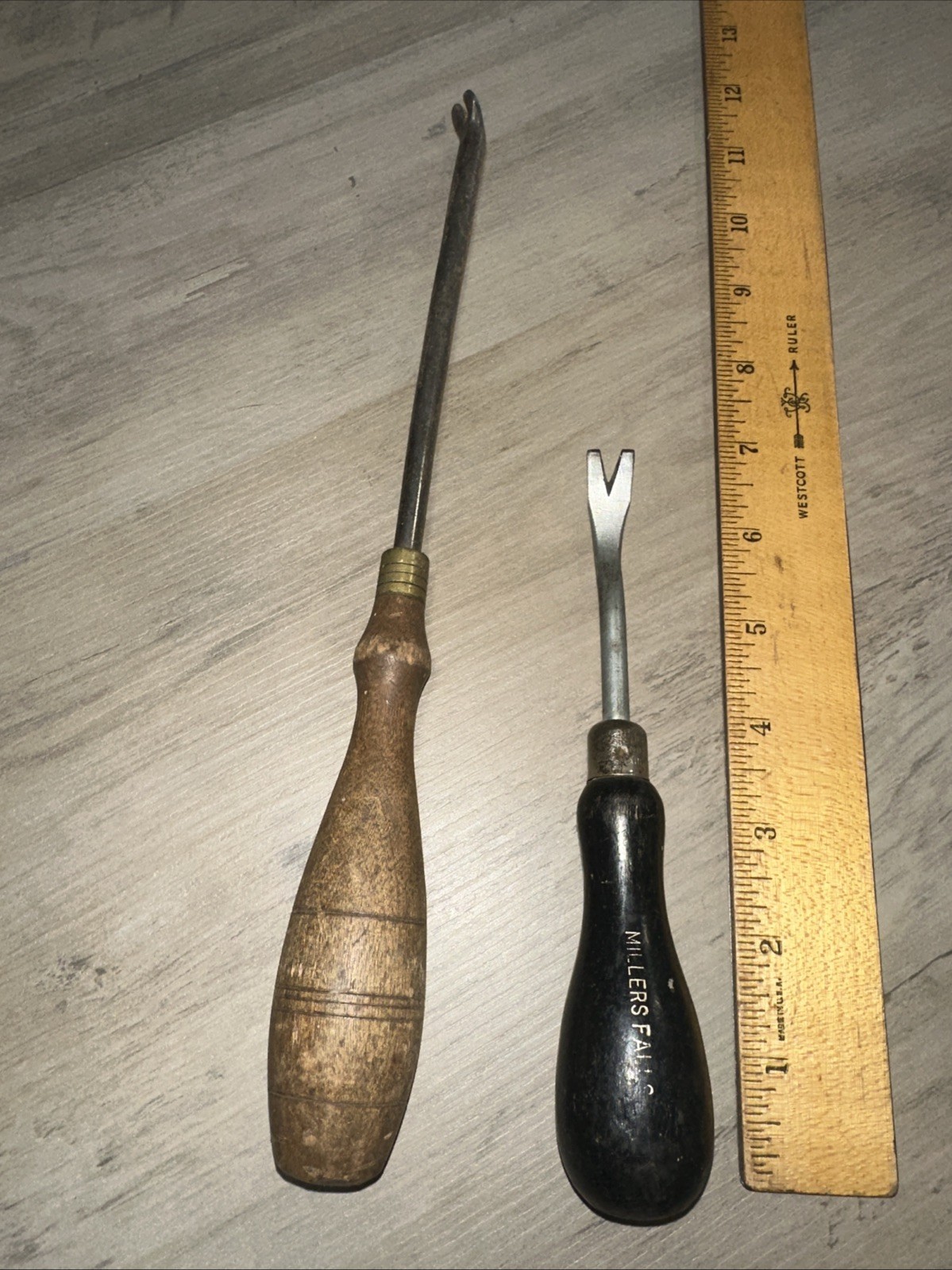 2 Wood Handle Tack & Nail Pullers Millers Falls & Unknown Brand