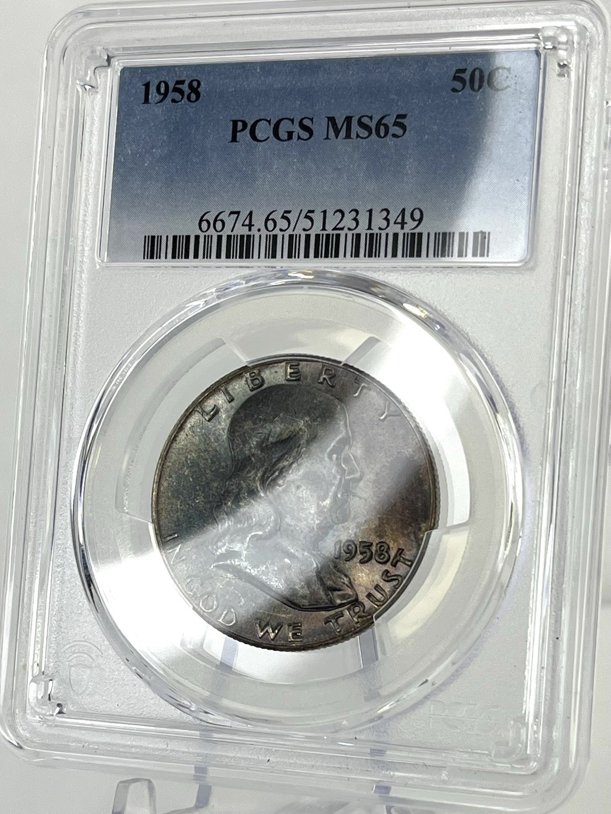1958 Half Dollar Franklin PCGS1958 Franklin Half Dol MS65 Deep Pink Blue Toning